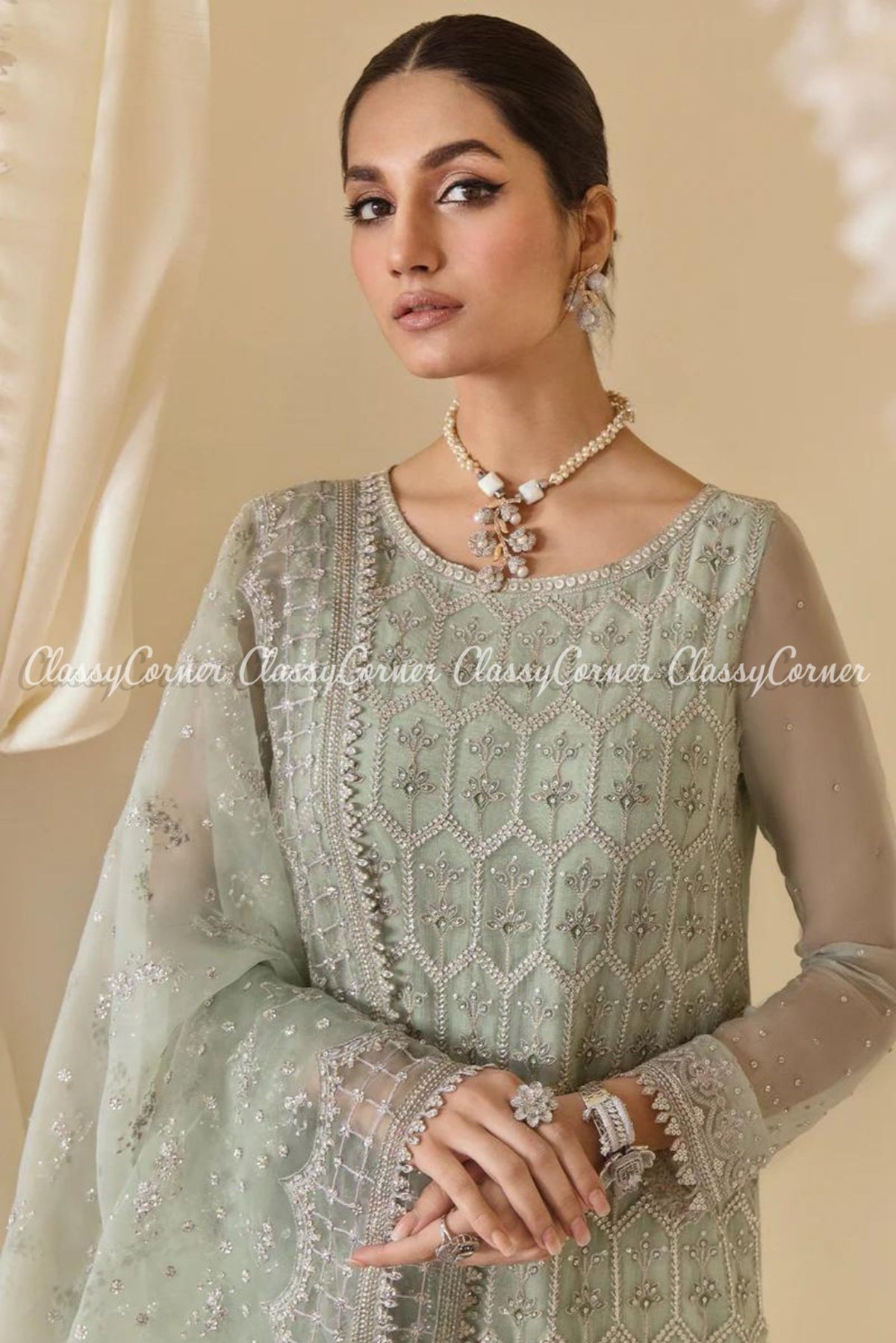 Pakistani Mint Green Chiffon Embroidered Salwar Kameez