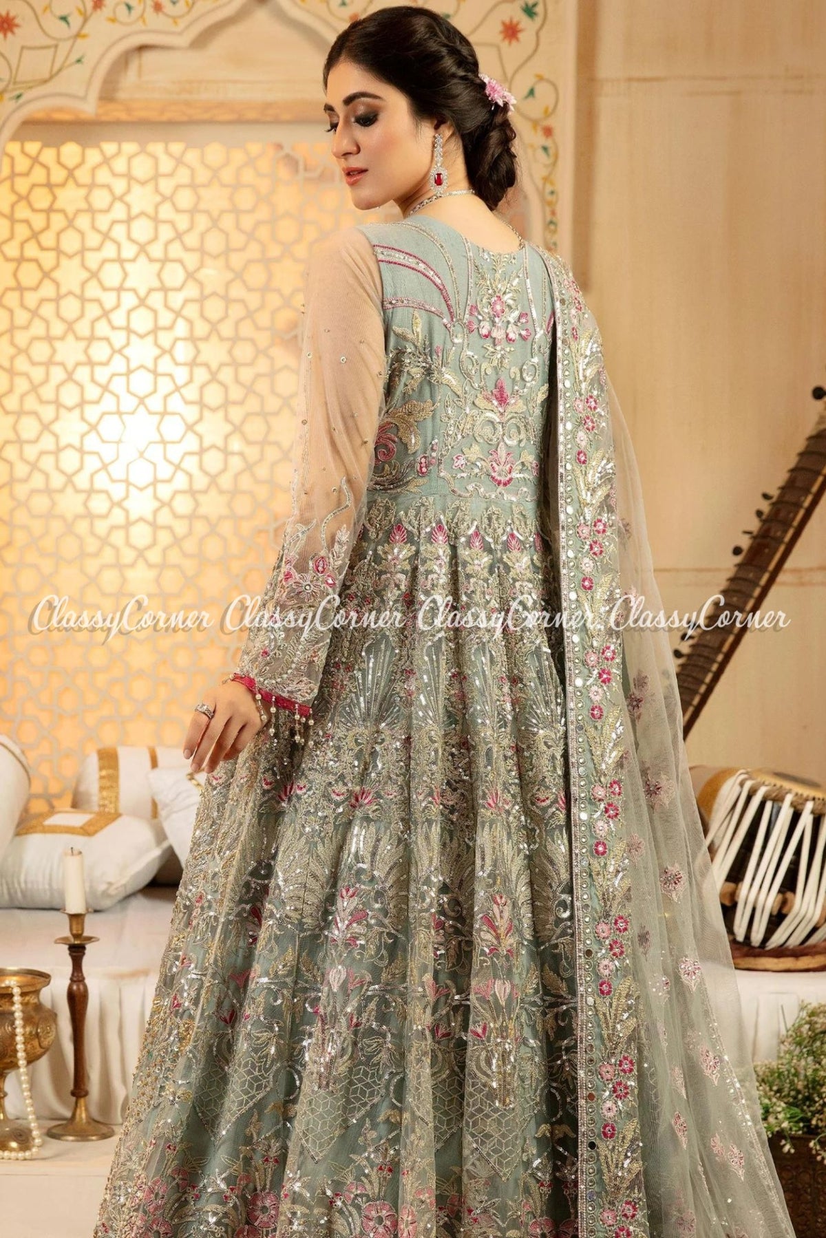 Mint Green Multi Net Embroidered Bridal Wear Gown