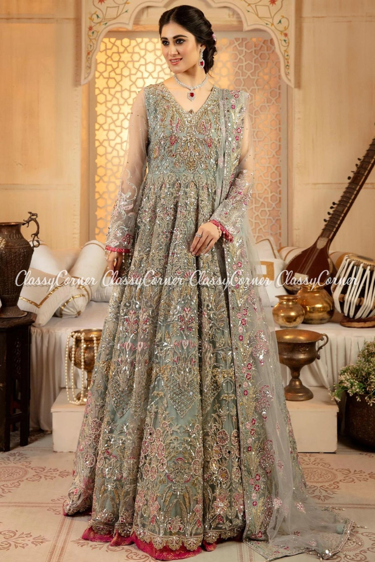 Mint Green Multi Net Embroidered Bridal Wear Gown