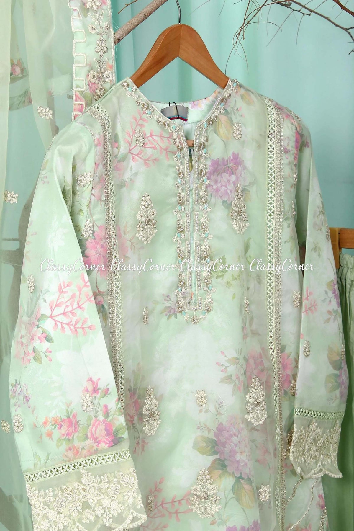 Green Organza Pakistani Shalwar Kameez