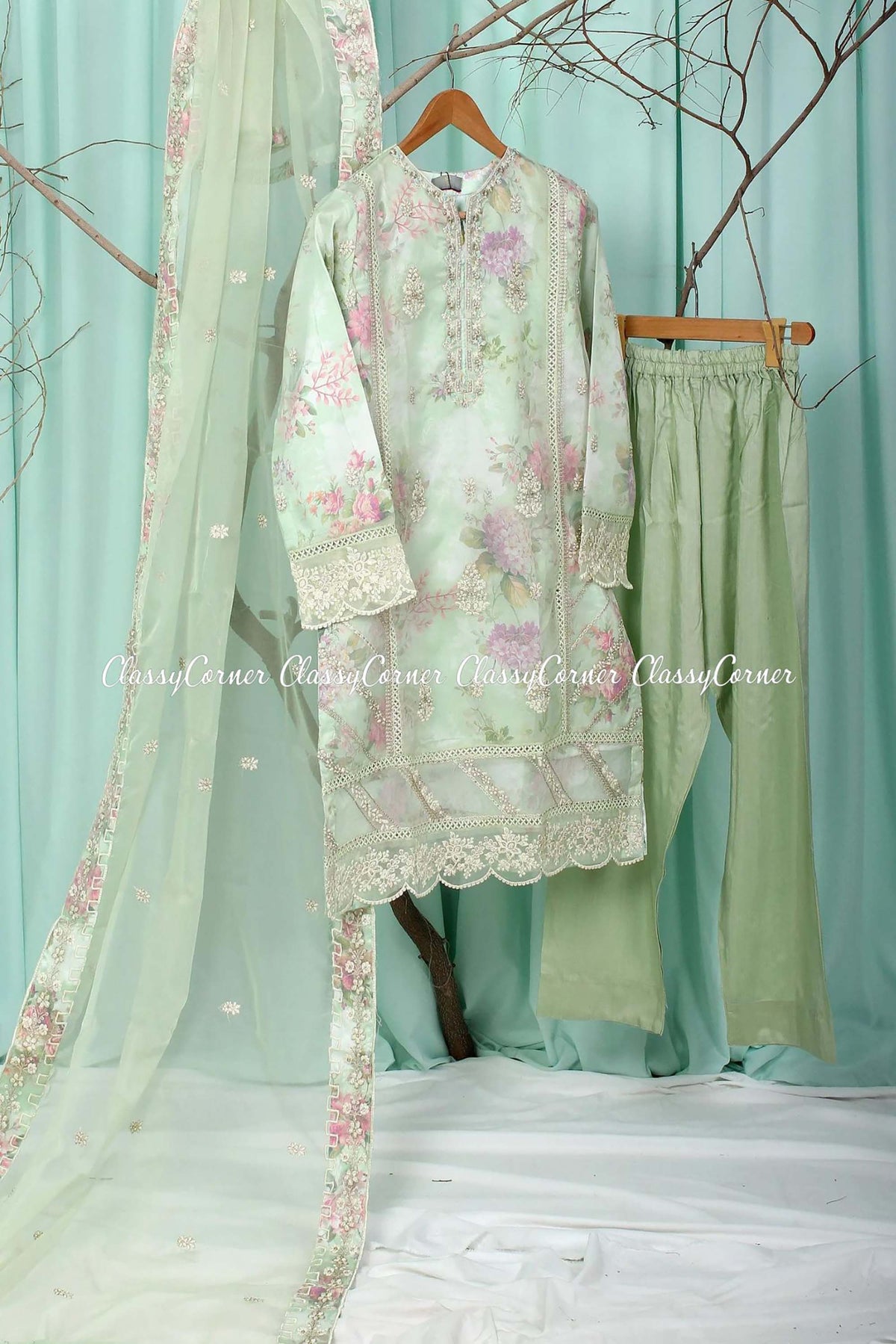 Green Organza Pakistani Shalwar Kameez