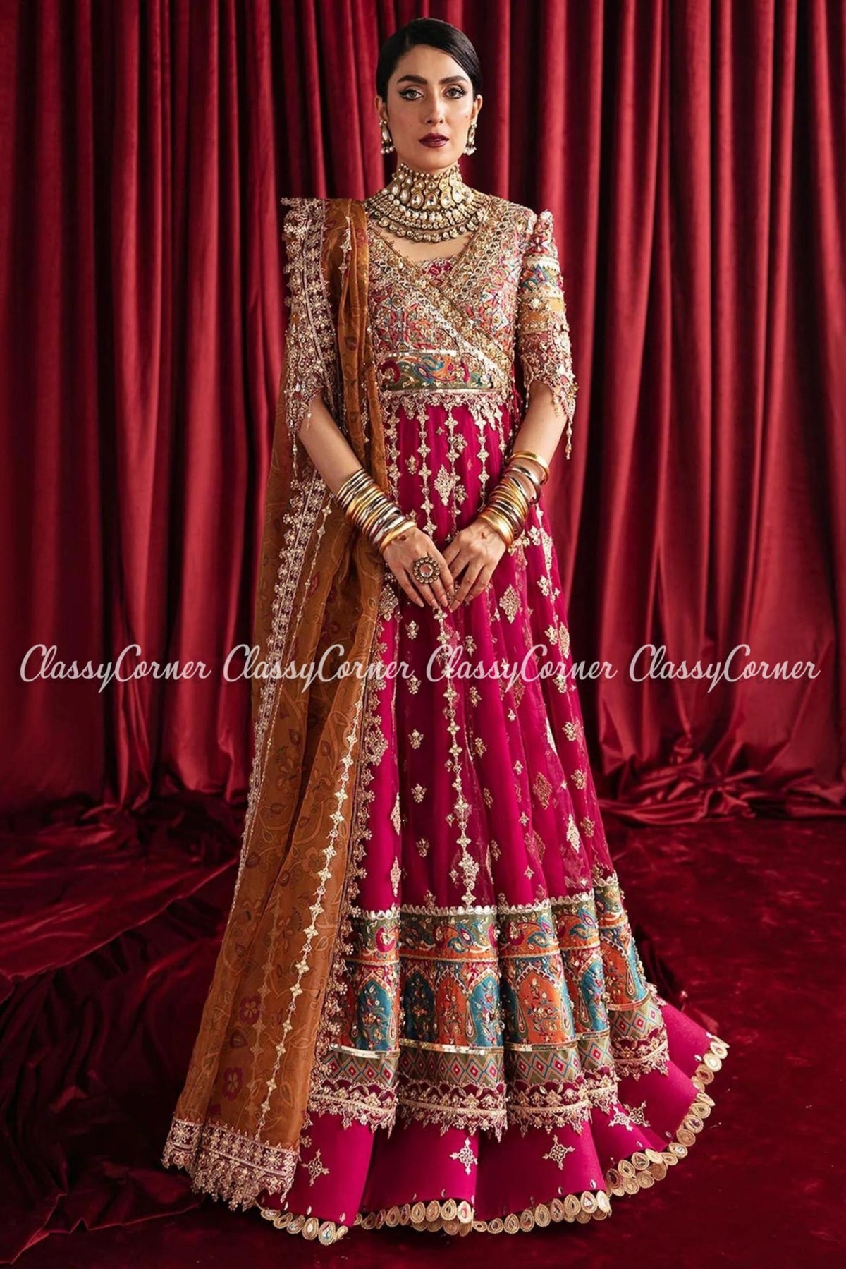Hot Pink Silk Pakistani Bridal Wear Mehndi Lehenga