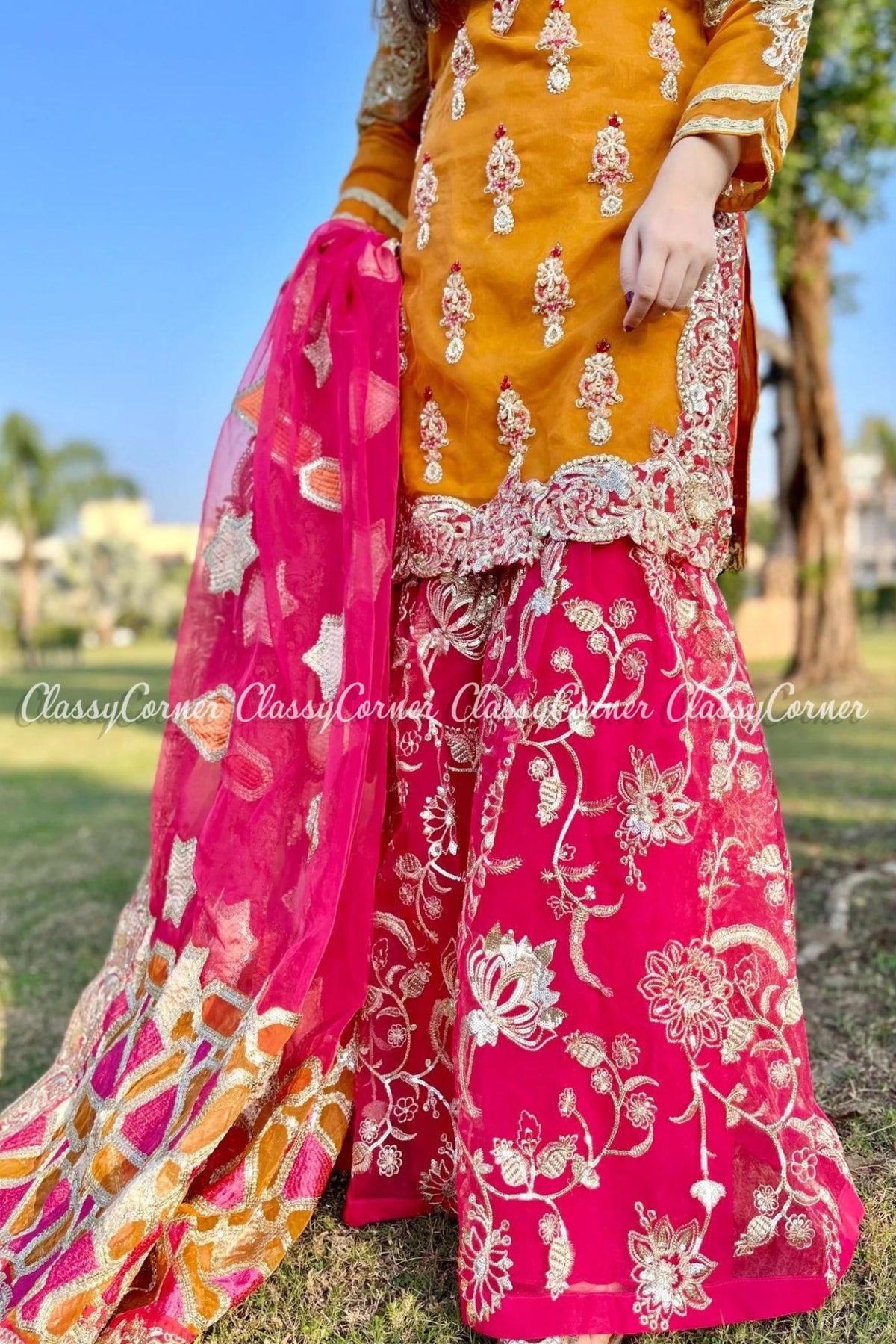 Yellow Pink Organza Pakistani Wedding Wear Gharara