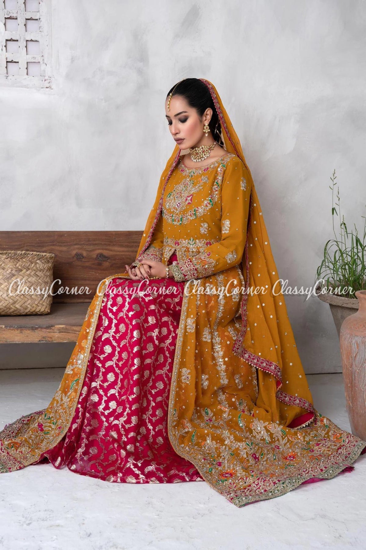 Multi Colored Chiffon Embroidered Pakistani Wedding Outfit