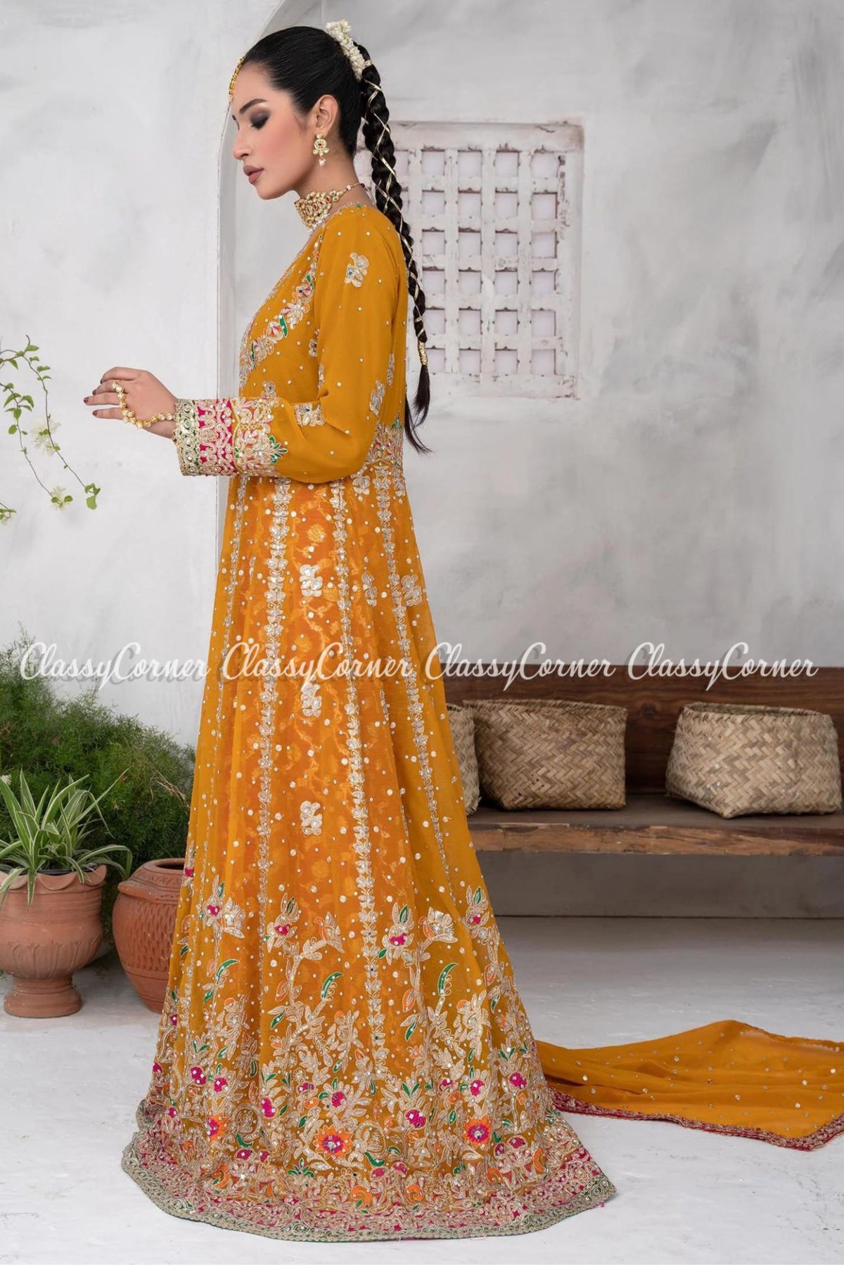 Multi Colored Chiffon Embroidered Pakistani Wedding Outfit