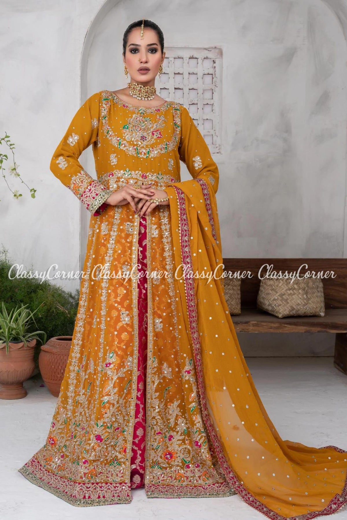 Multi Colored Chiffon Embroidered Pakistani Wedding Outfit