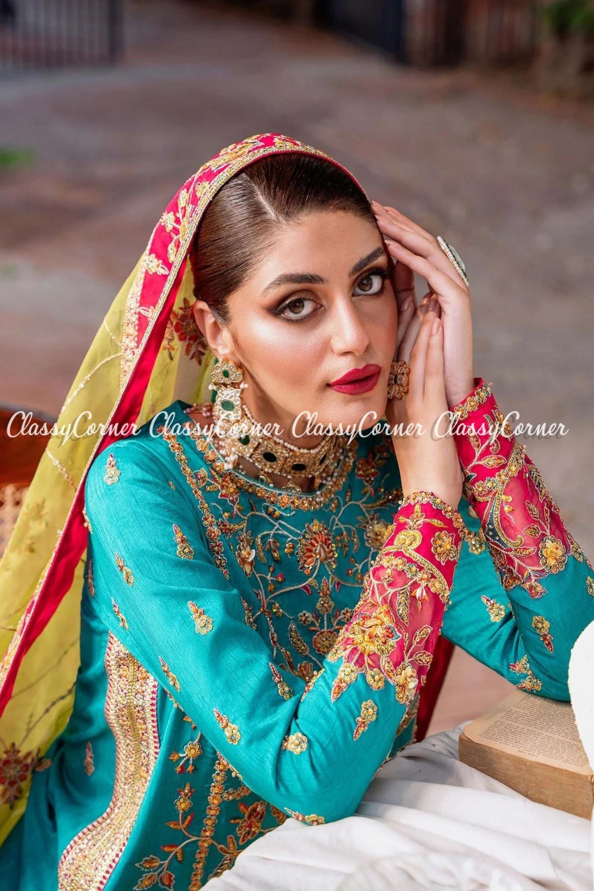 Pakistani Multicolor Raw Silk Embroidered Bridal Wear Outfit