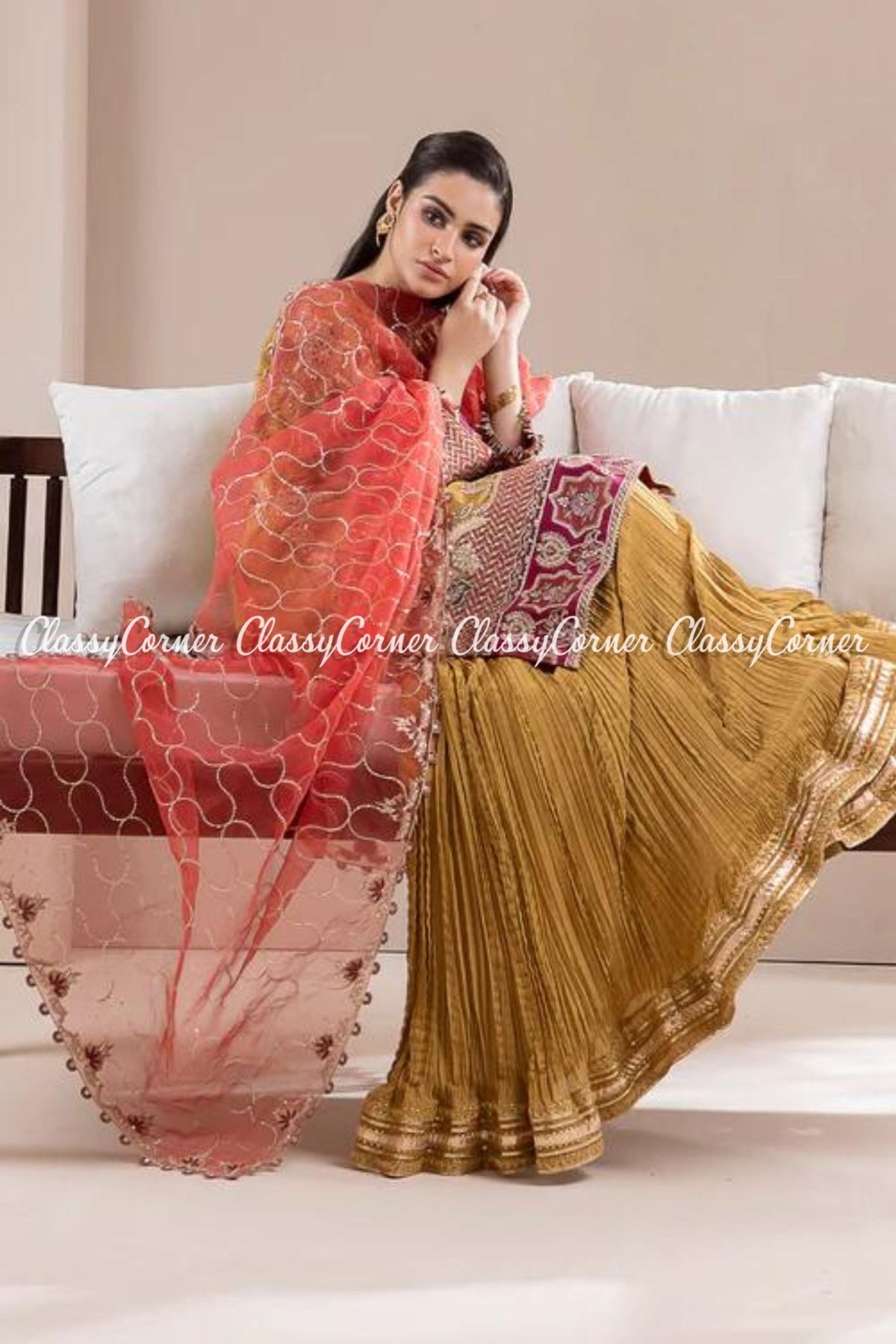 Mustard Golden Chiffon Organza Embroidered Party Wear Outfit