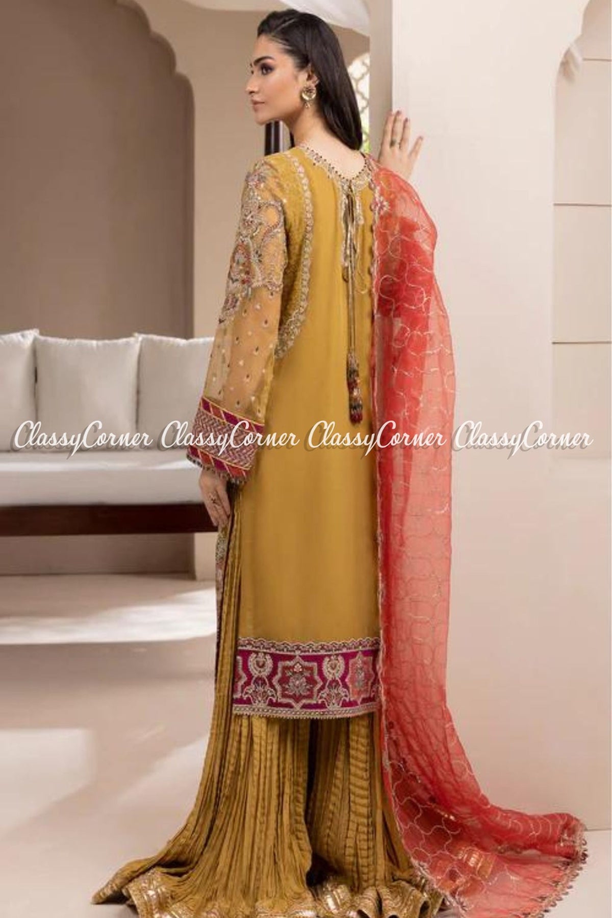 Mustard Golden Chiffon Organza Embroidered Party Wear Outfit