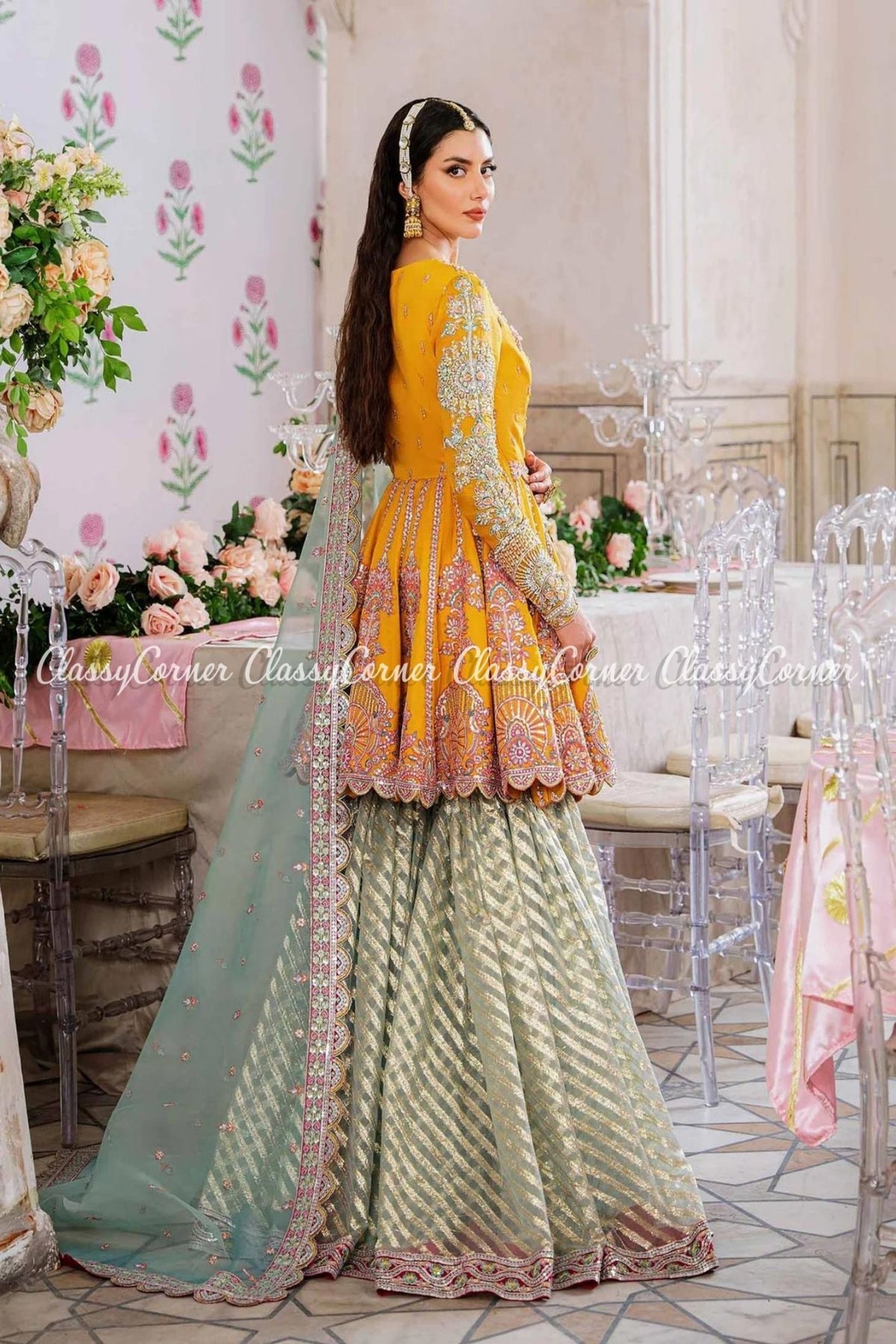 Mustard Mint Net Embellished Wedding Wear Gharara
