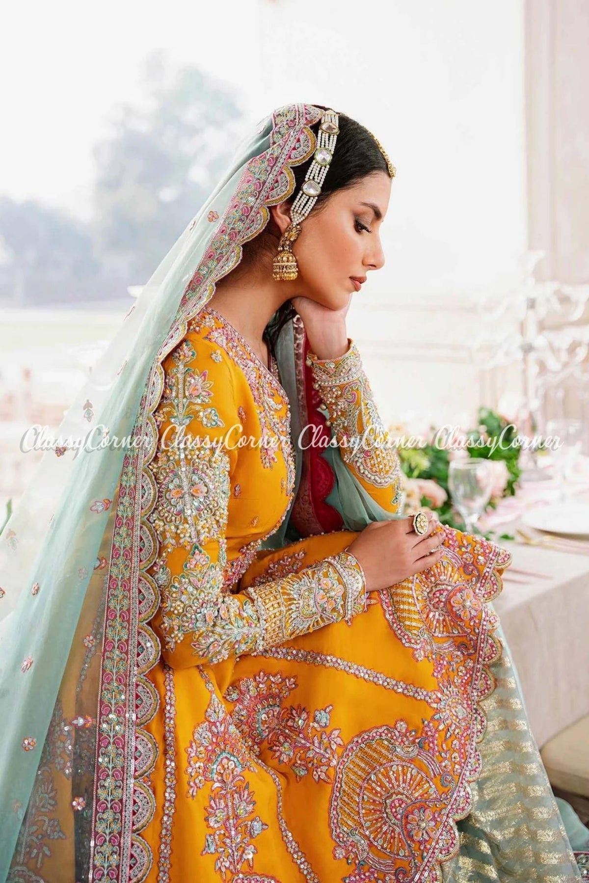 Mustard Mint Net Embellished Wedding Wear Gharara