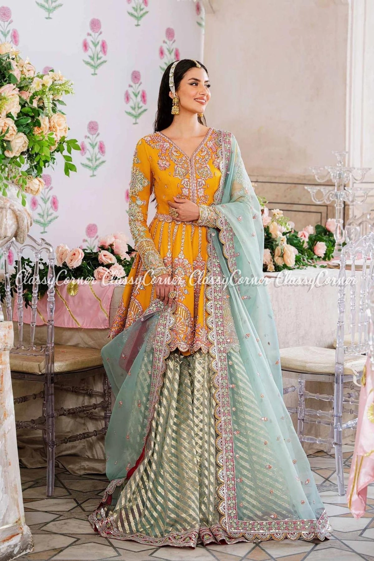 Mustard Mint Net Embellished Wedding Wear Gharara