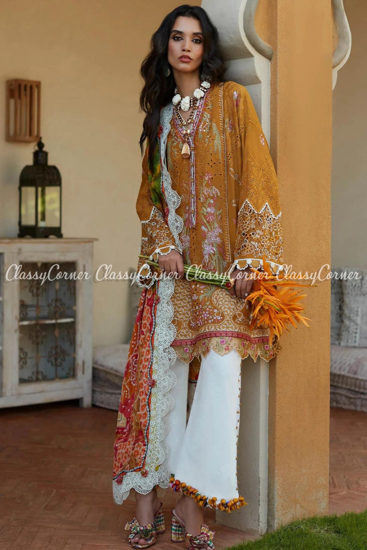 Pakistani Mustard White Embroidered Lawn Salwar Kameez