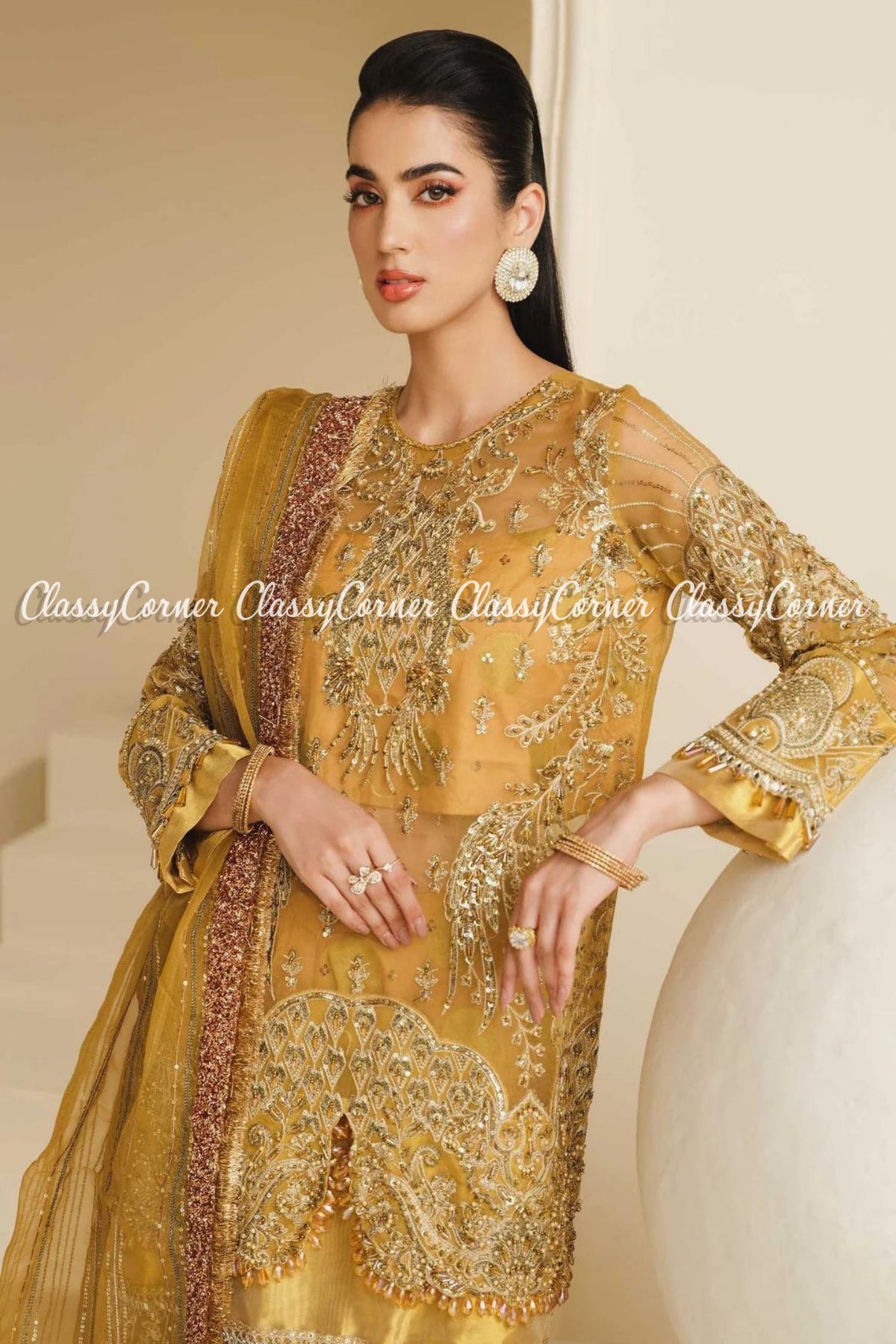 Mustard Yellow Golden Organza Embroidered Party Wear Outfit