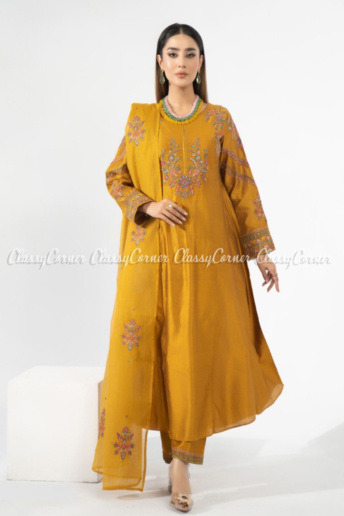 Yellow Multi Katan Embroidered Salwar Kameez