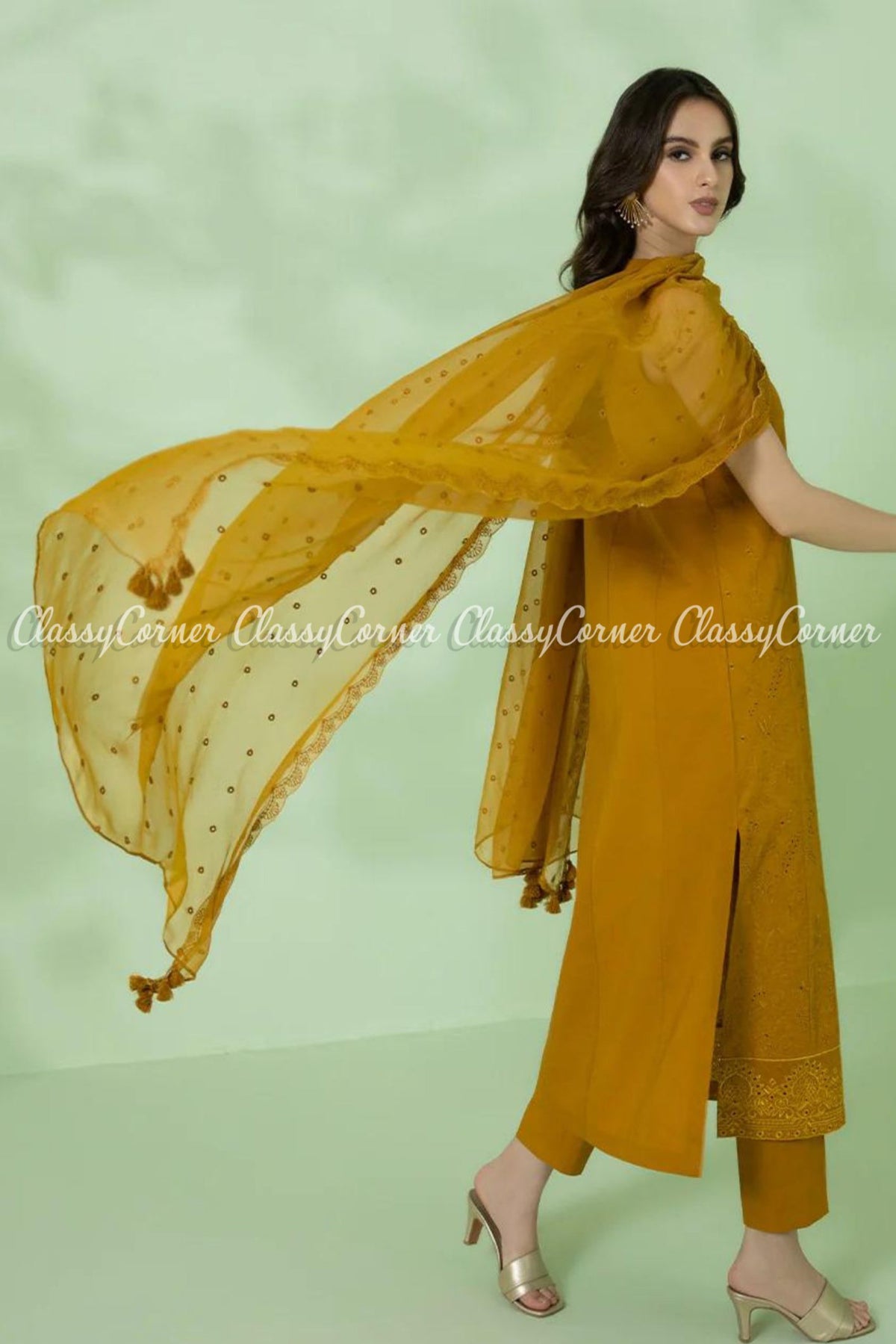 Mustard Yellow Embroidered Lawn Pakistani Salwar Kameez