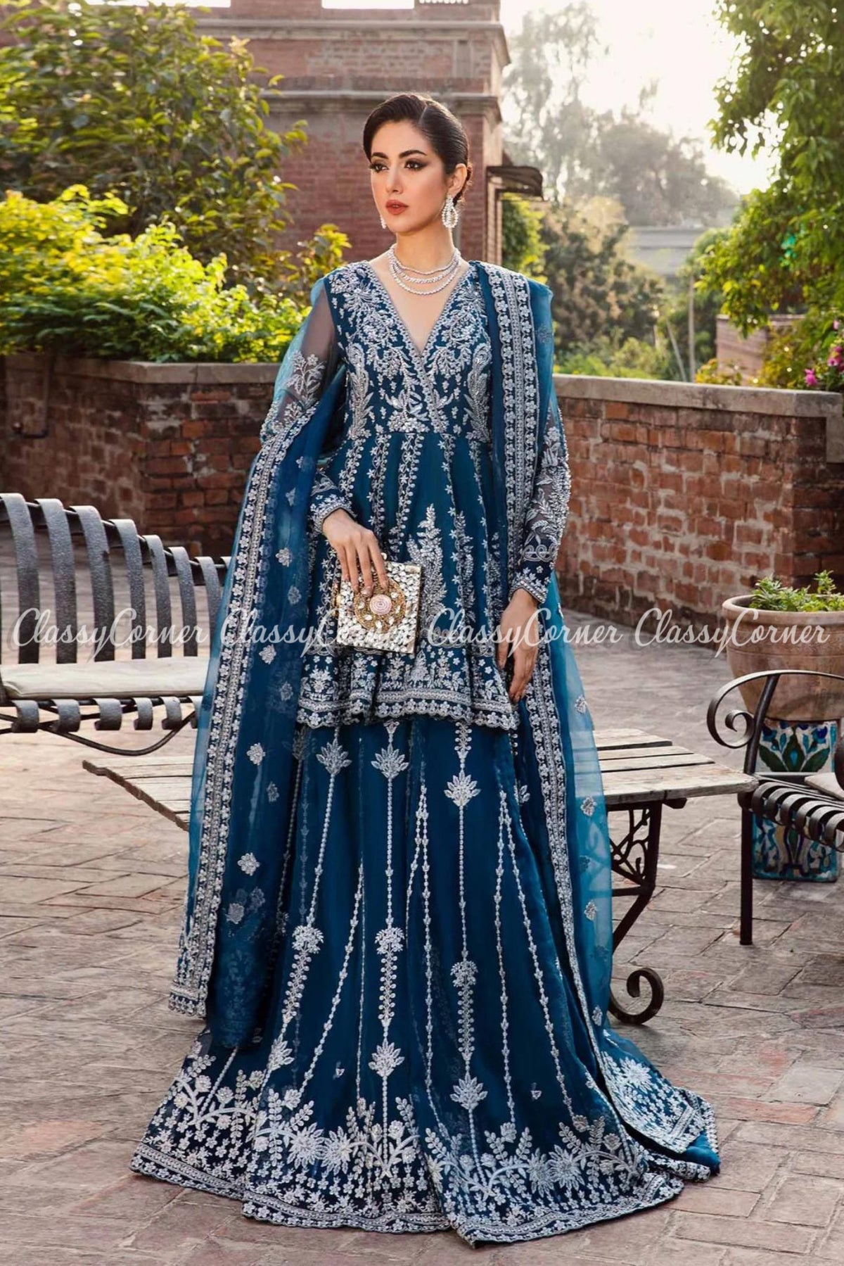 Navy Blue Organza Embroidered Party Wear Sharara Dress