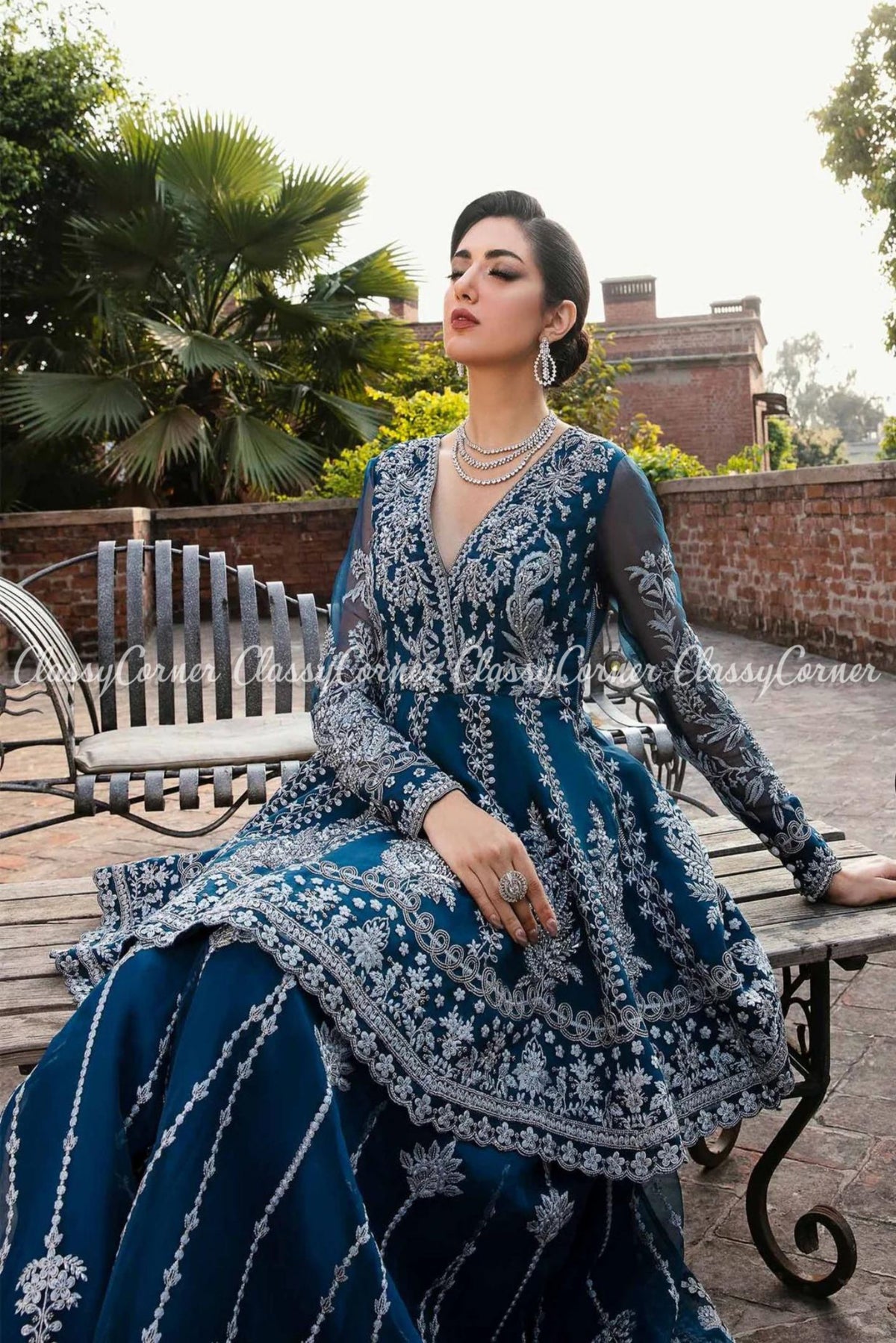 Navy Blue Organza Embroidered Party Wear Sharara Dress