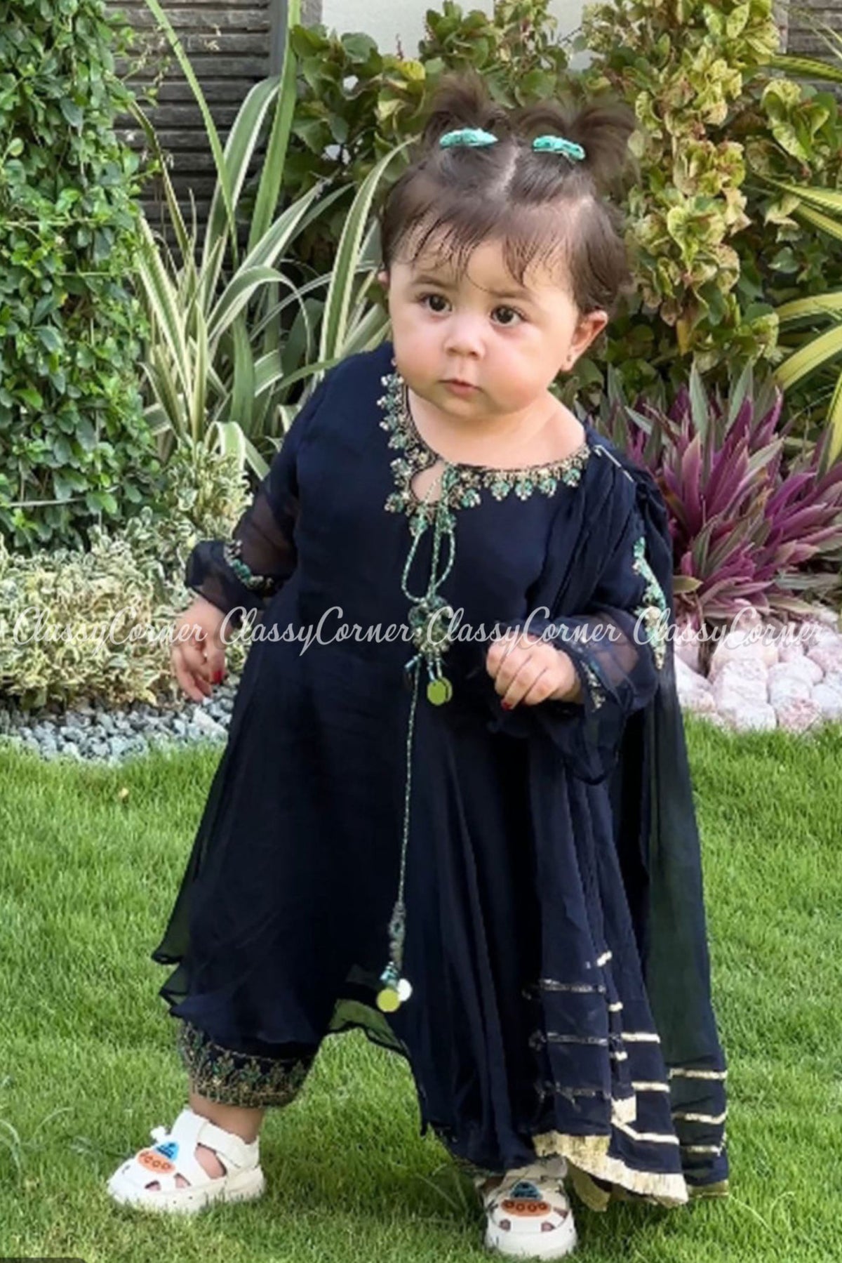 Girl&#39;s Navy Blue Chiffon Embroidered Frock Dress