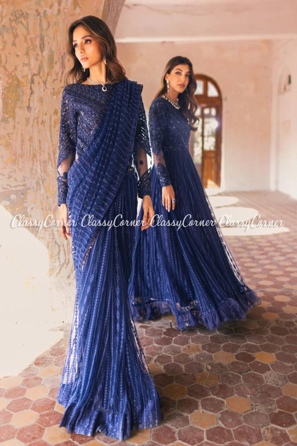 Navy Blue Net Embellished Bridal Wear Gown Saree