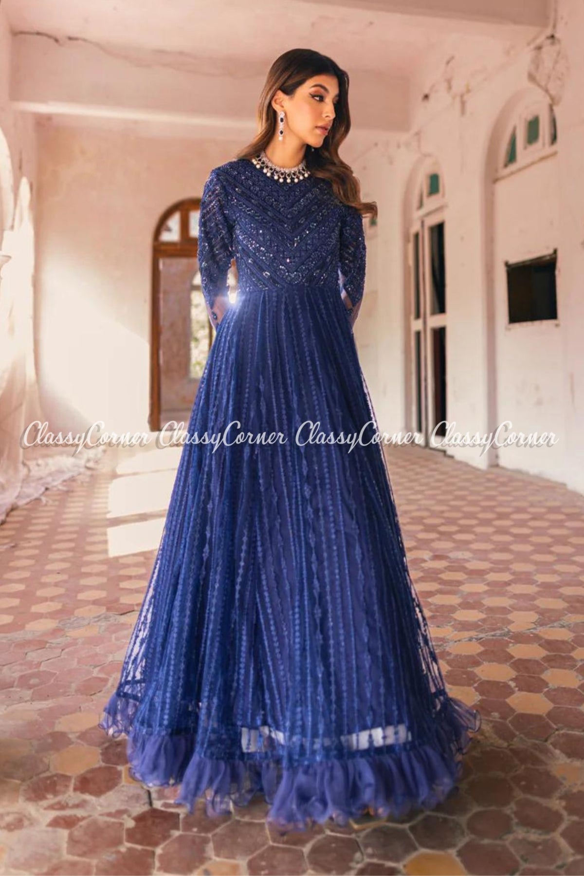 Navy Blue Net Embellished Bridal Wear Gown Saree