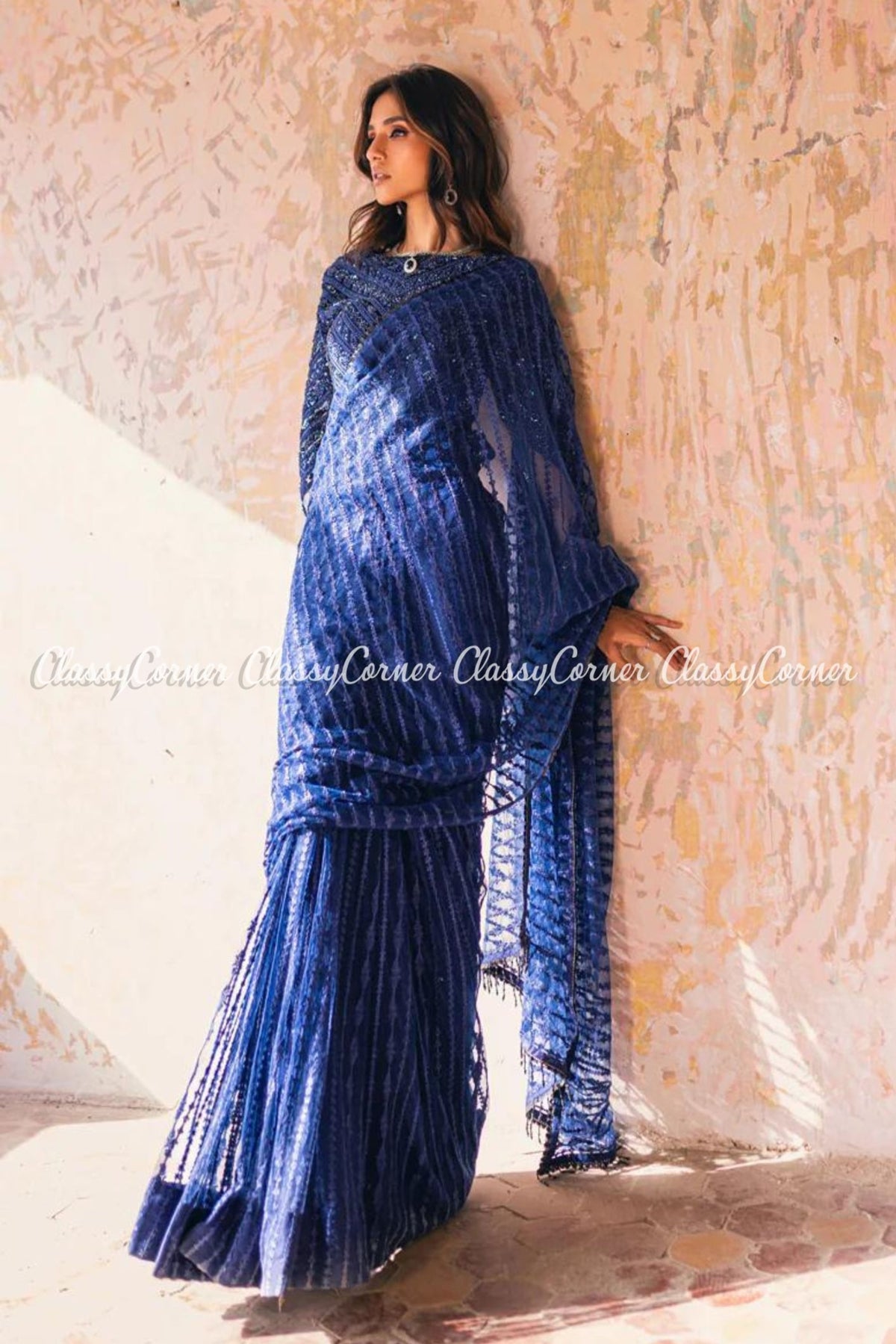 Navy Blue Net Embellished Bridal Wear Gown Saree