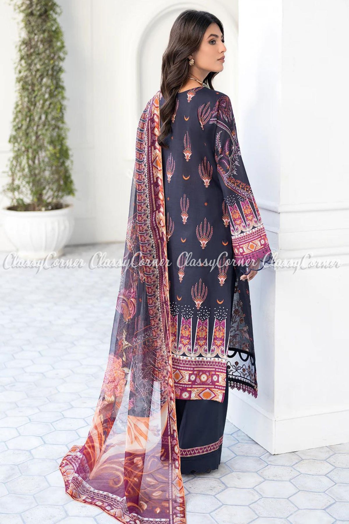 Navy Blue Orange Printed Lawn Embroidered Salwar Kameez