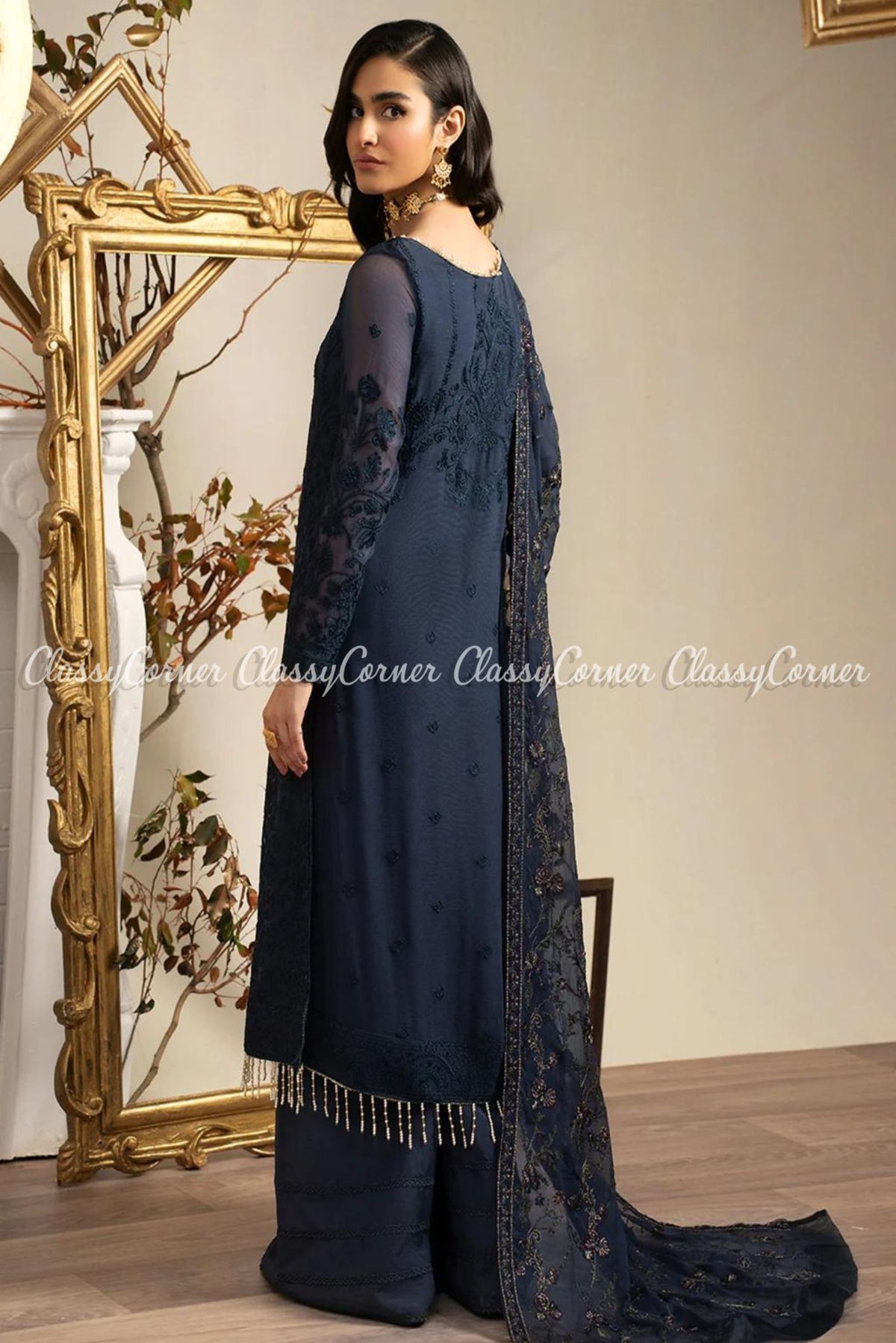 Navy Blue Chiffon Embroidered Formal Sharara Outfit