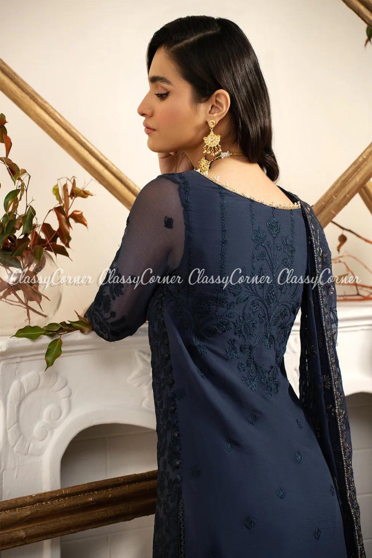 Navy Blue Chiffon Embroidered Formal Sharara Outfit