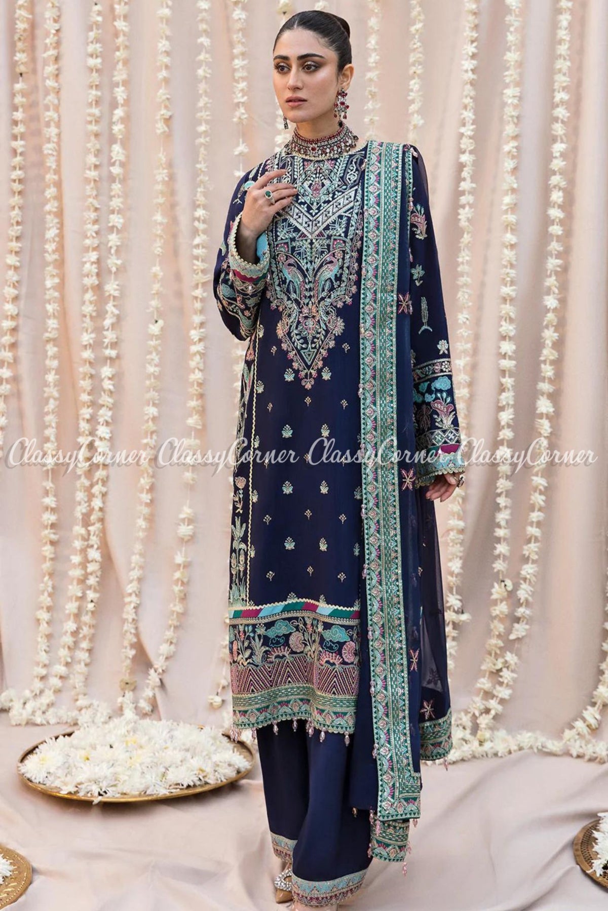 Navy Blue Multi Raw Silk Embroidered Party Wear Salwar Kameez