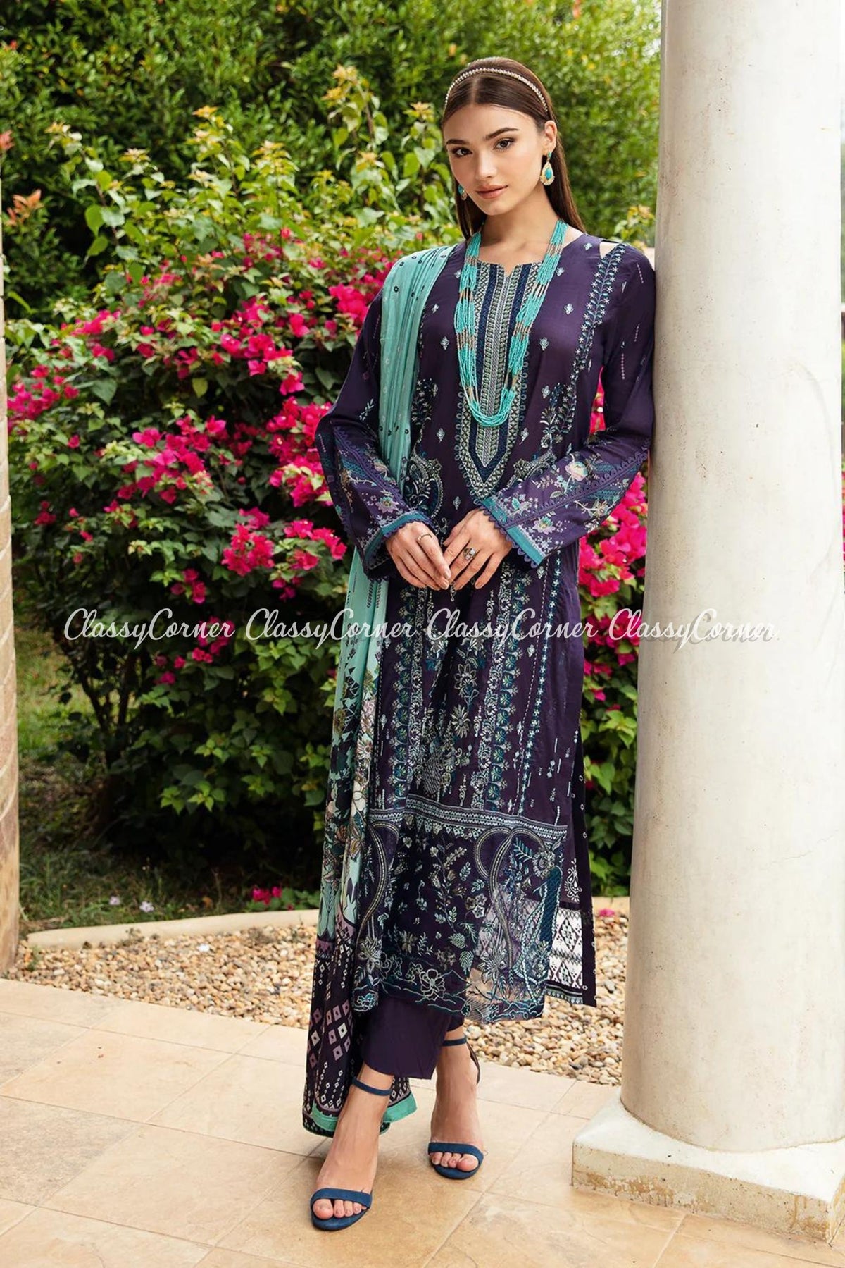 Navy Blue Embroidered Lawn Salwar Kameez