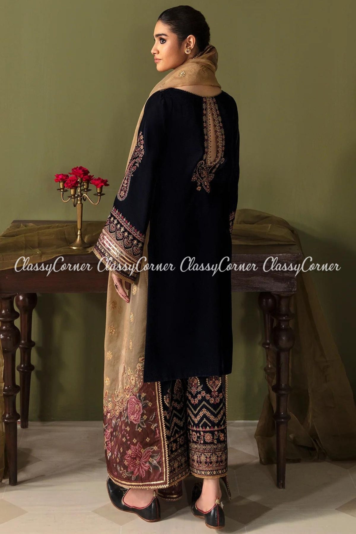 Navy Blue Beige Velvet Embroidered 3pc Suit