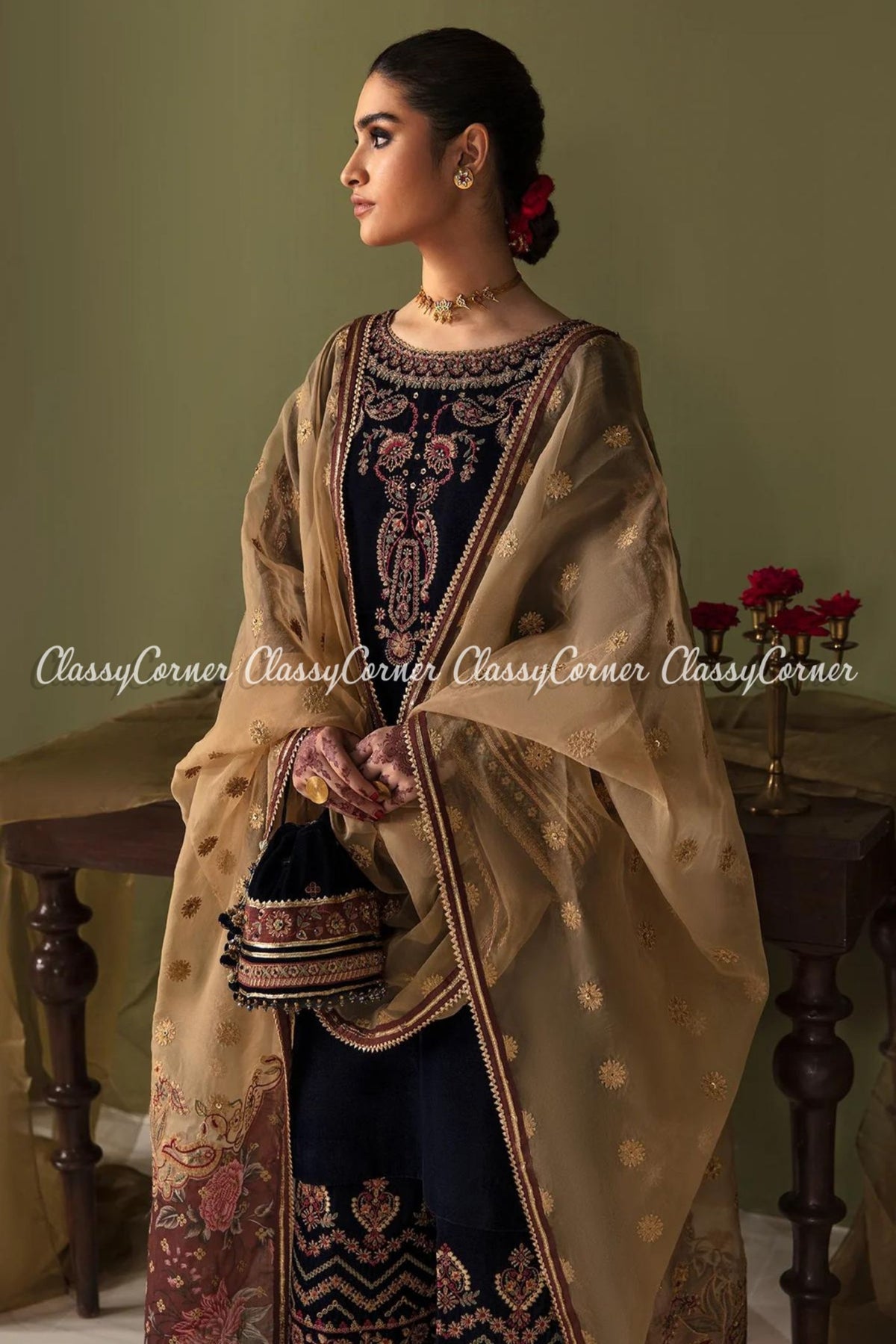 Navy Blue Beige Velvet Embroidered 3pc Suit