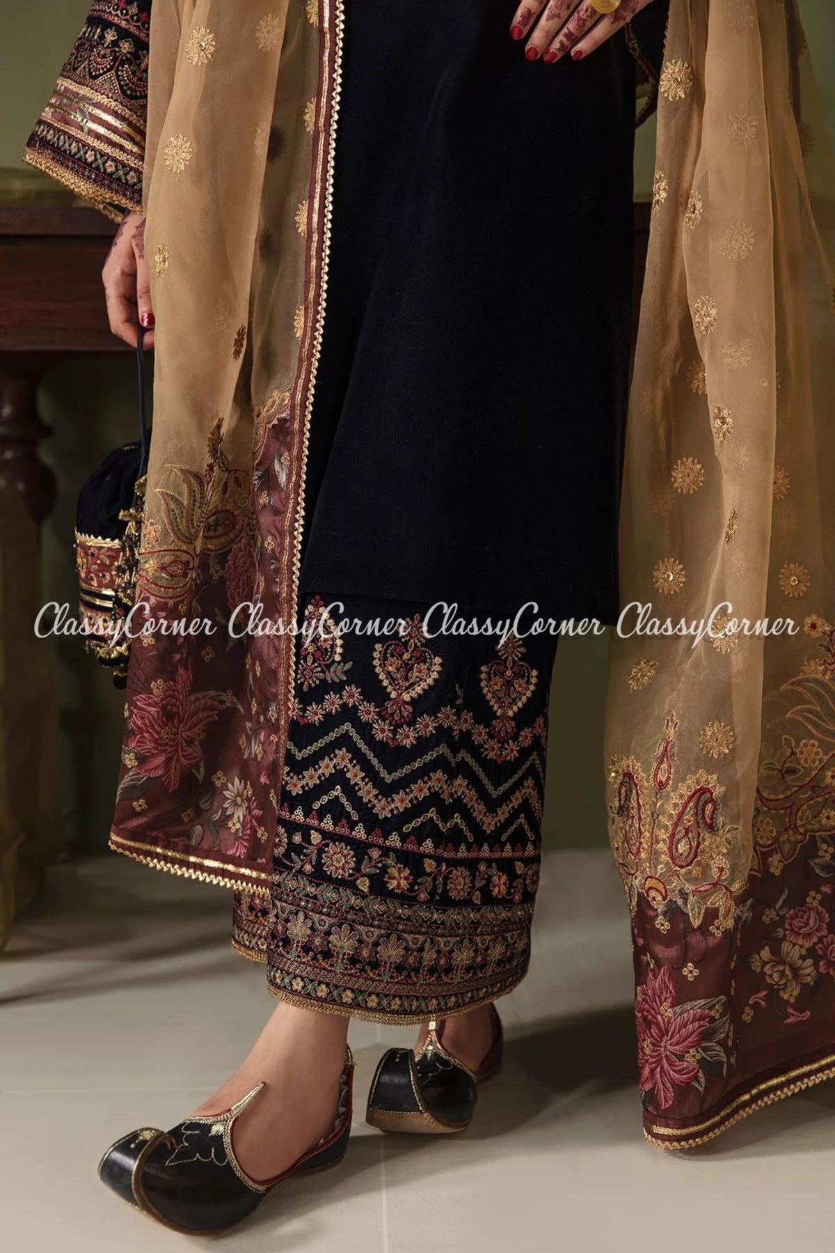 Navy Blue Beige Velvet Embroidered 3pc Suit