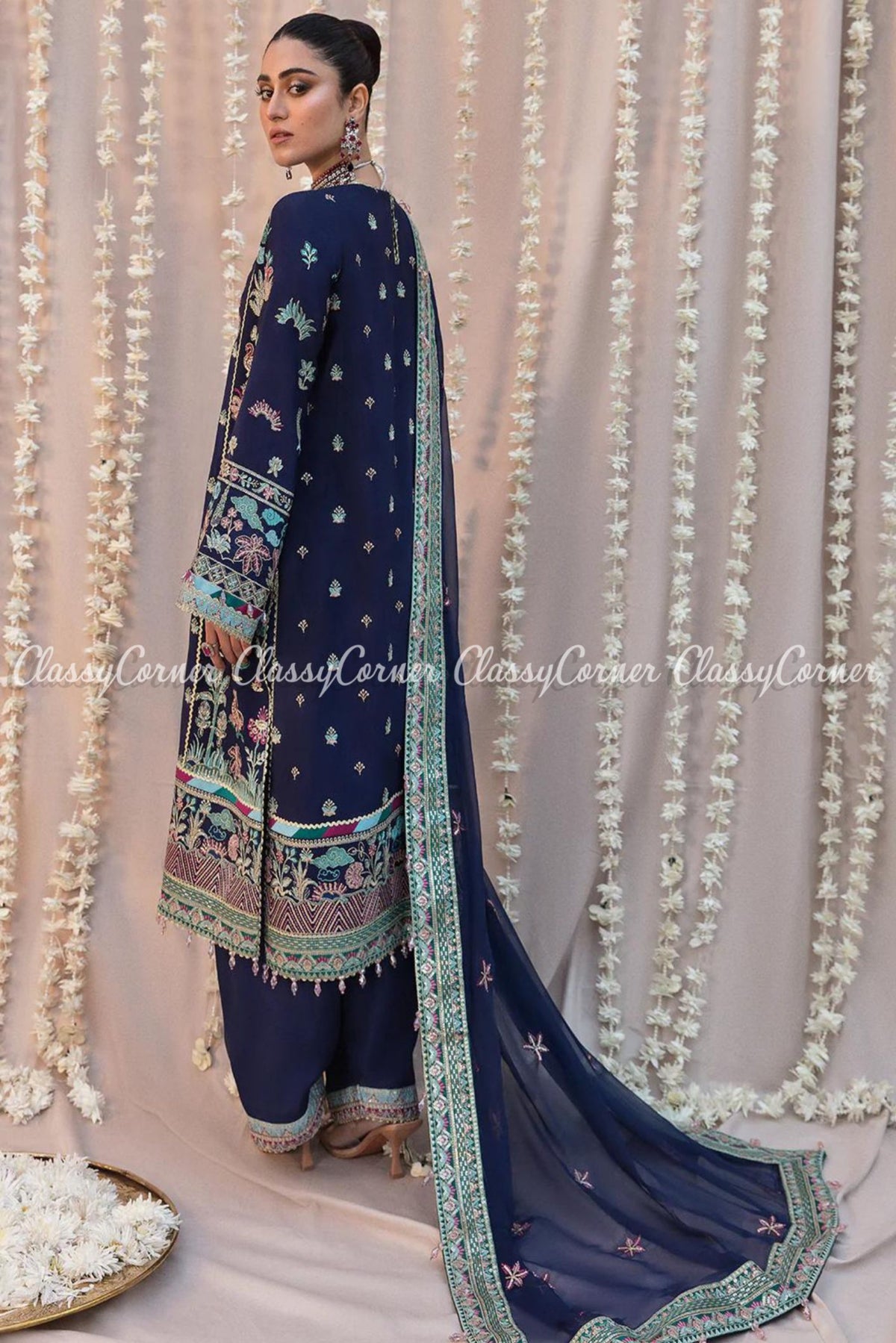 Navy Blue Multi Raw Silk Embroidered Party Wear Salwar Kameez