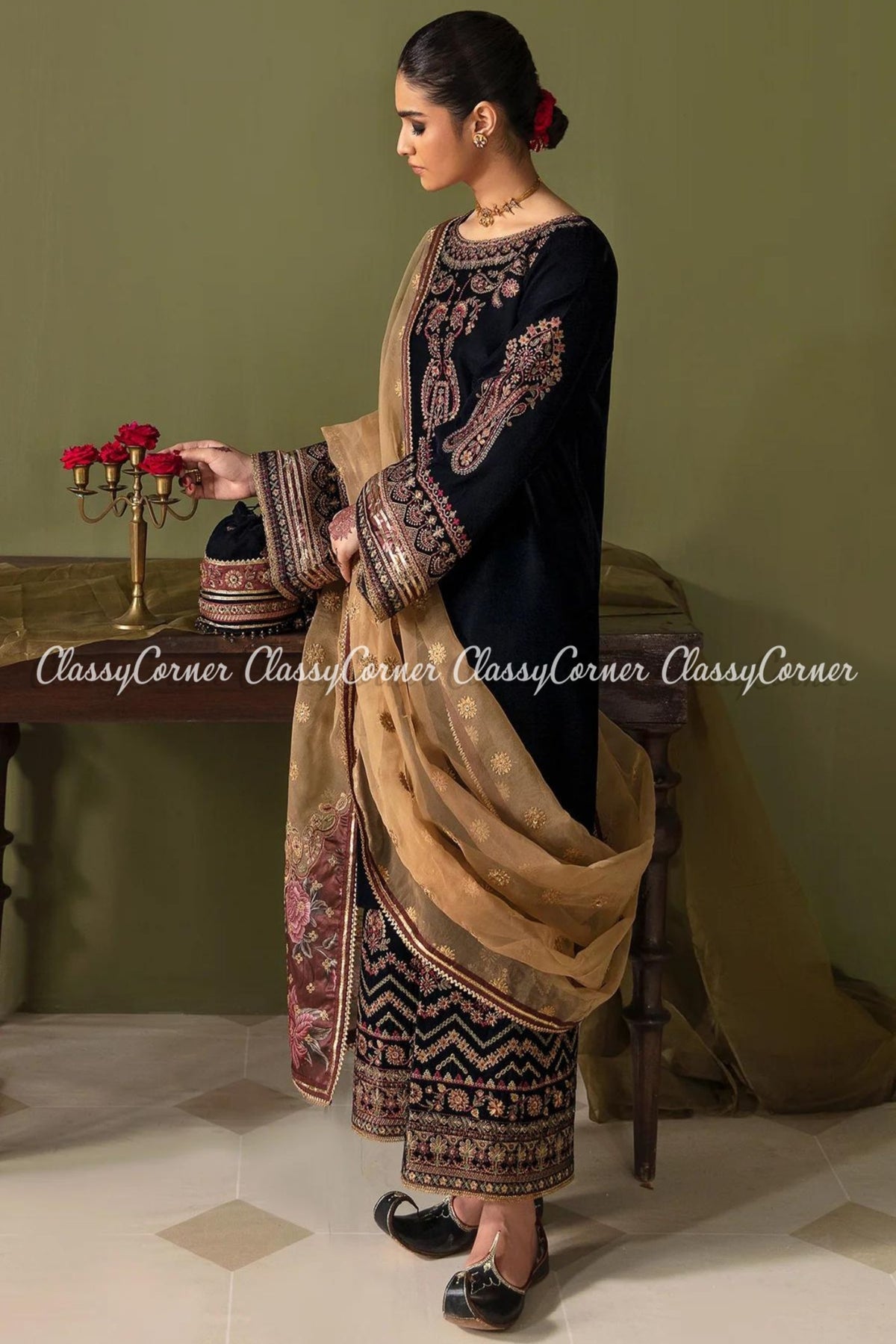 Navy Blue Beige Velvet Embroidered 3pc Suit