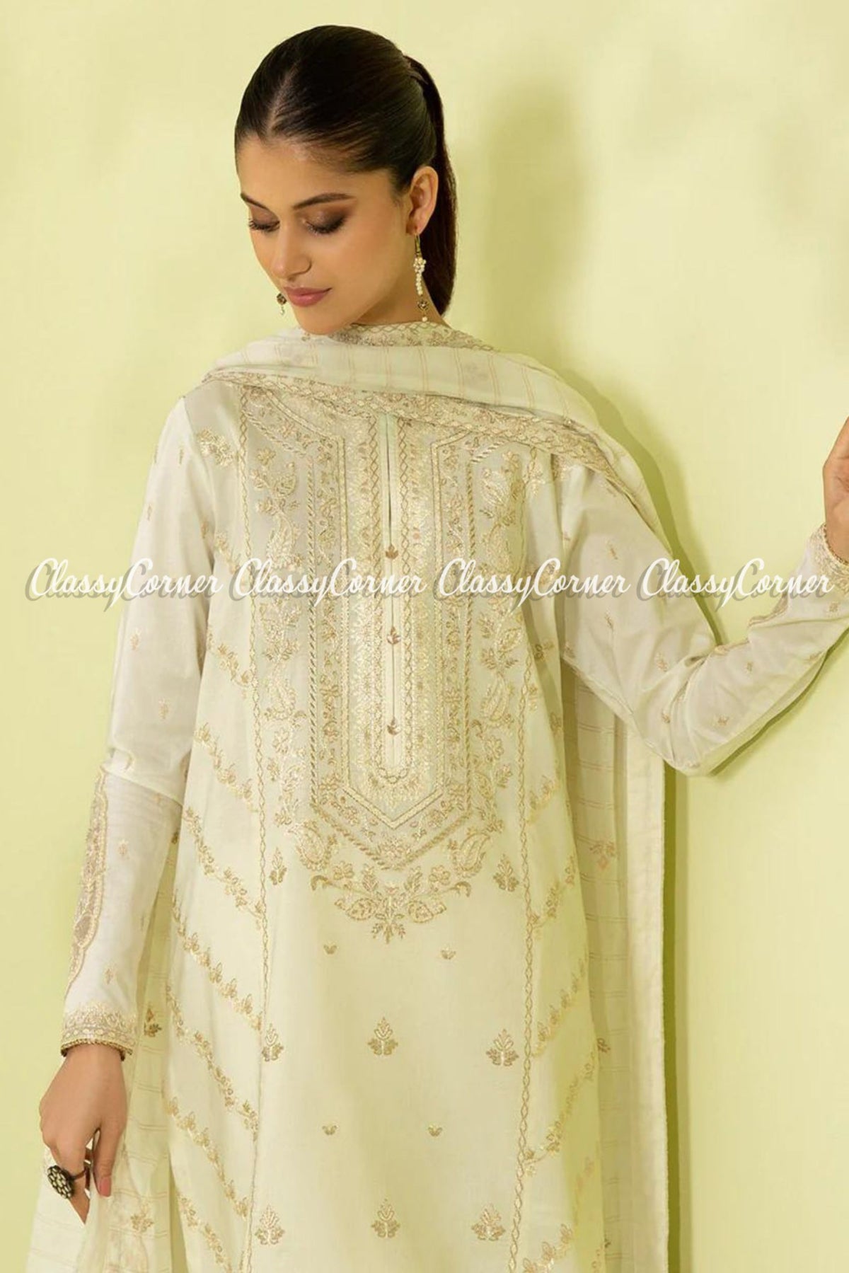 Off White Lawn Embroidered Formal Wear Salwar Kameez