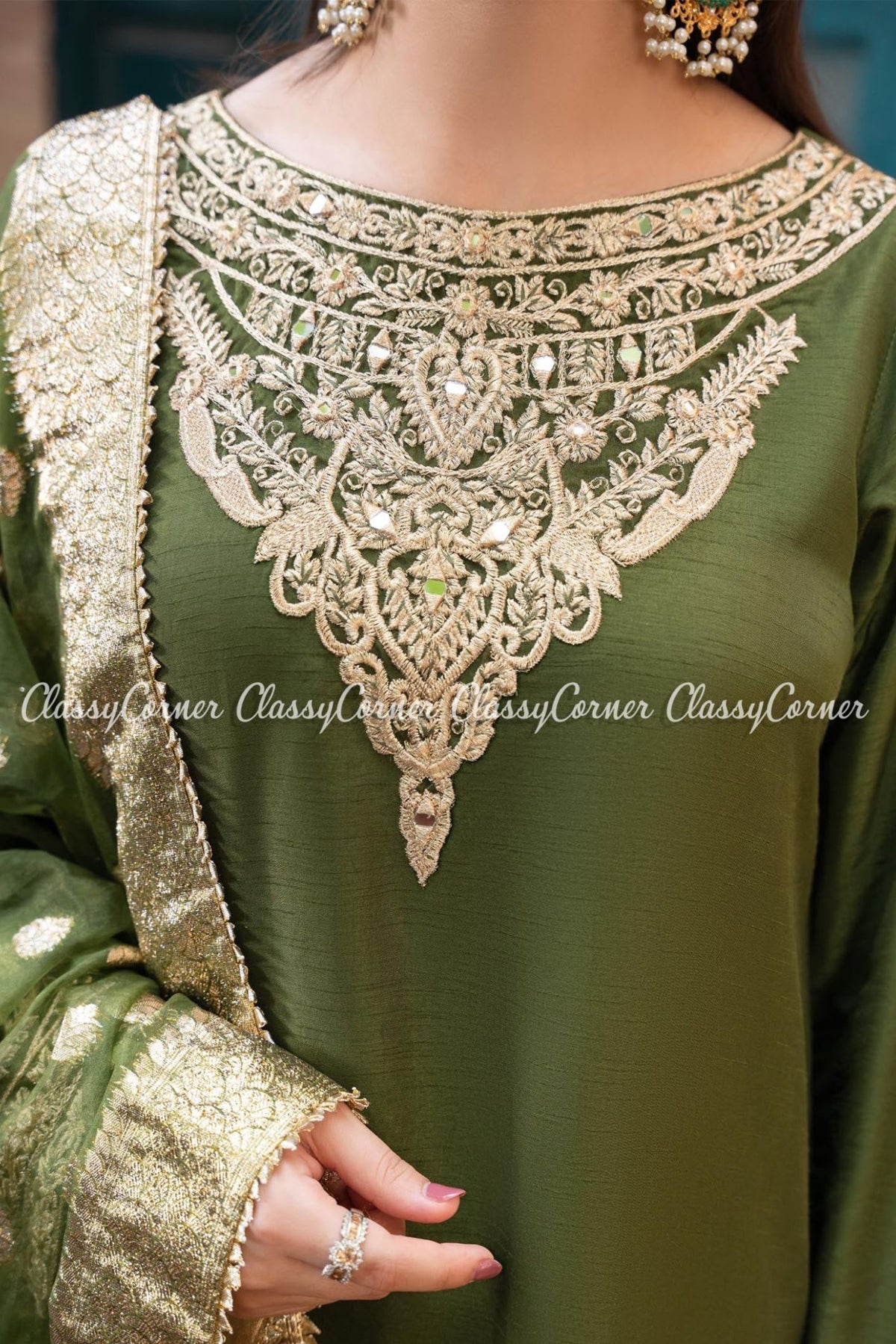 Pakistani Olive Green Khaddi Silk Salwar Kameez