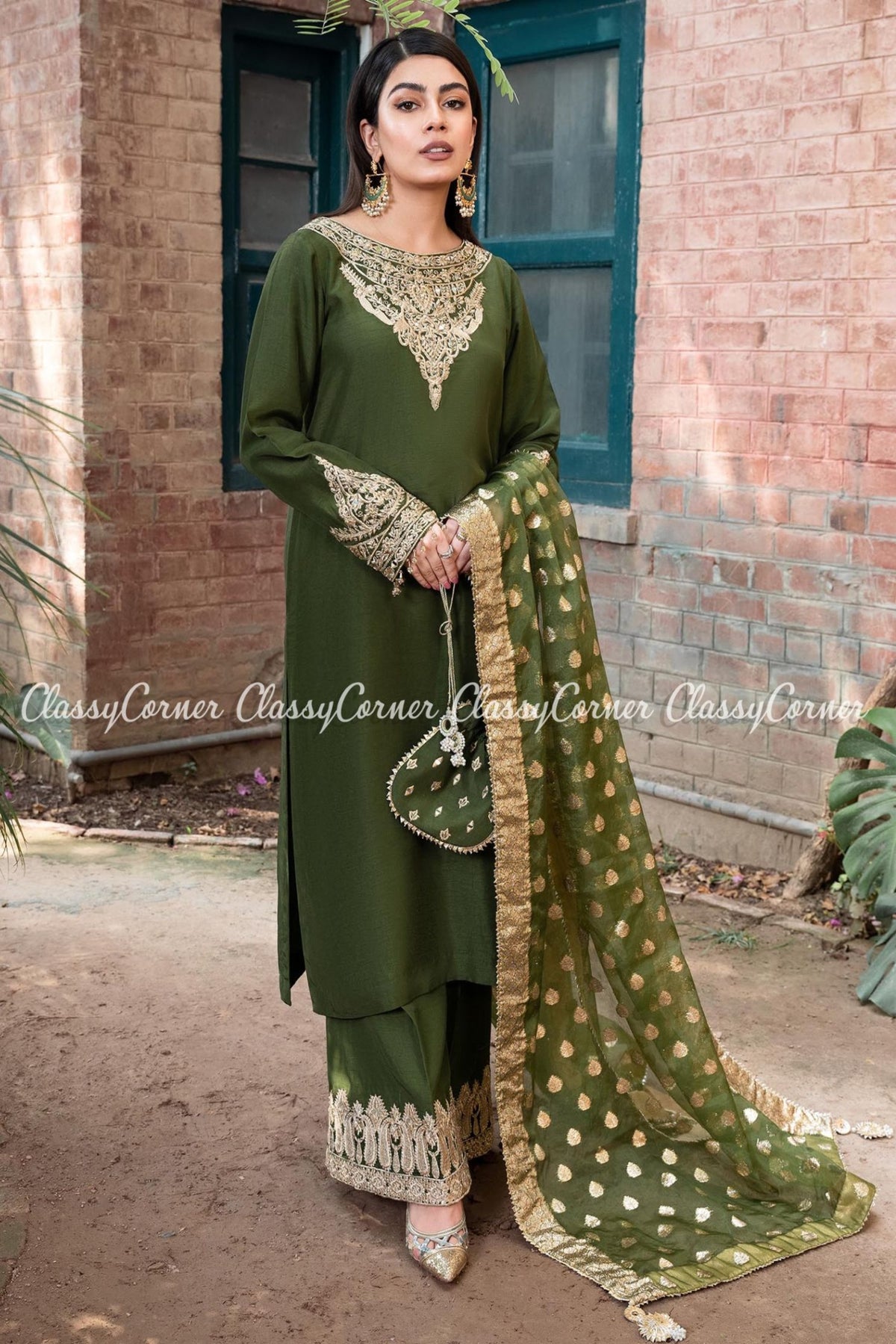 Pakistani Olive Green Khaddi Silk Salwar Kameez