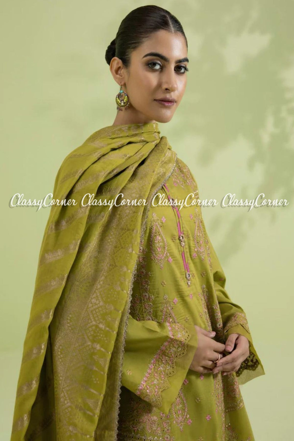 Olive Green Lawn Embroidered Pakistani Salwar Kameez