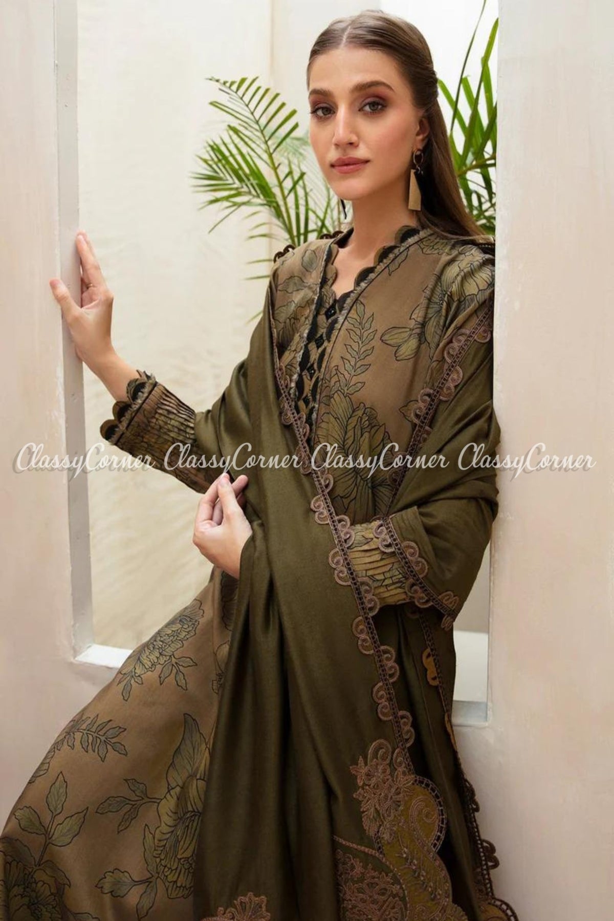 Olive Green Printed Viscose Formal Wear Salwar Kameez