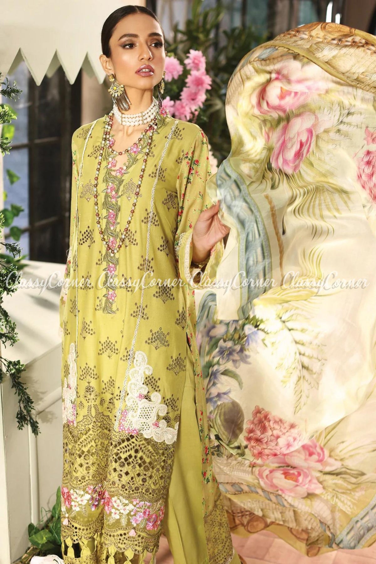 Olive Green Cream Lawn Embroidered Salwar Kameez