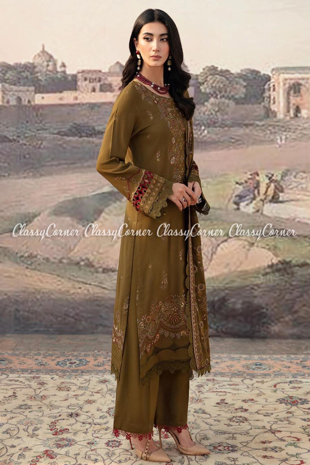 Olive Red Karandi Embroidered Suit