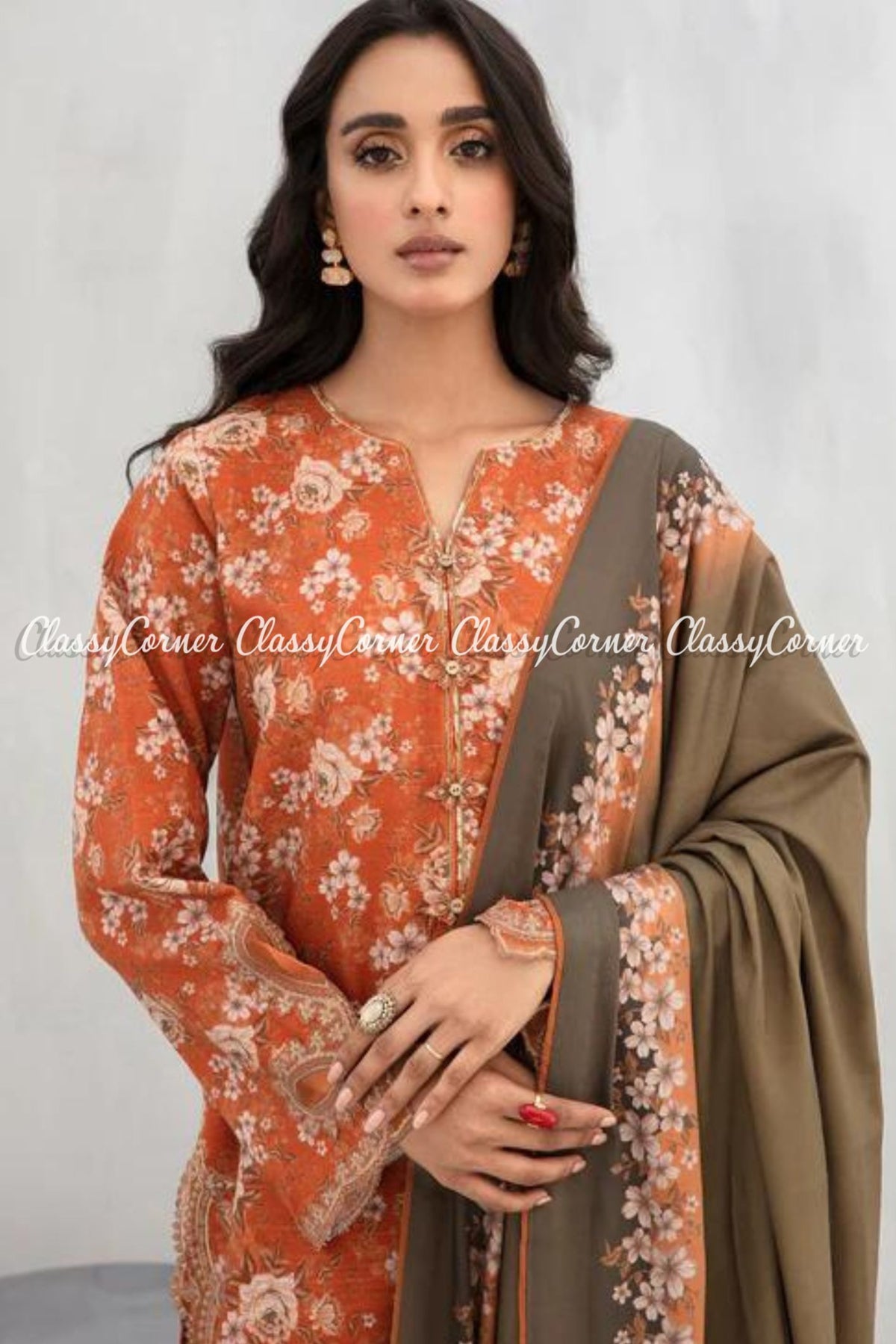 Orange Printed Viscose Slub Khaddar Salwar Kameez