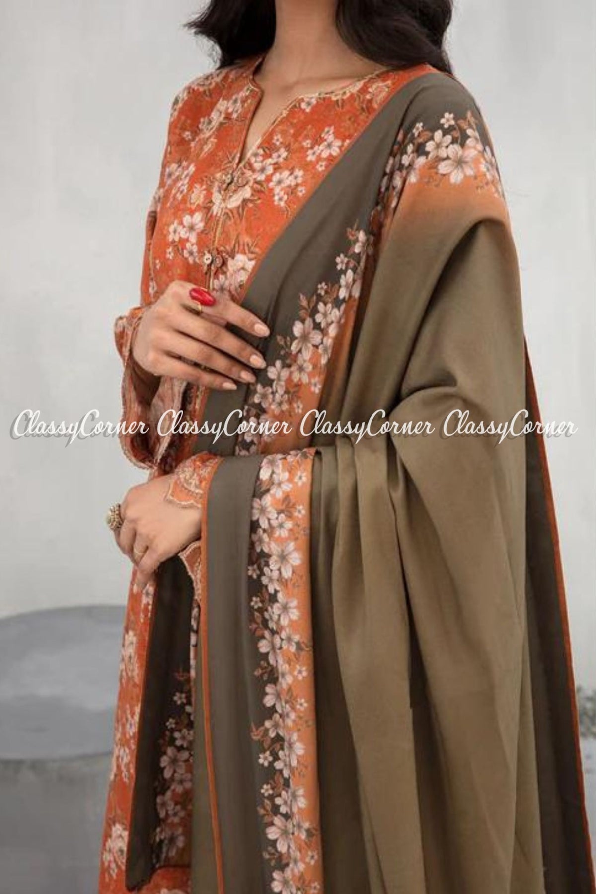 Orange Printed Viscose Slub Khaddar Salwar Kameez