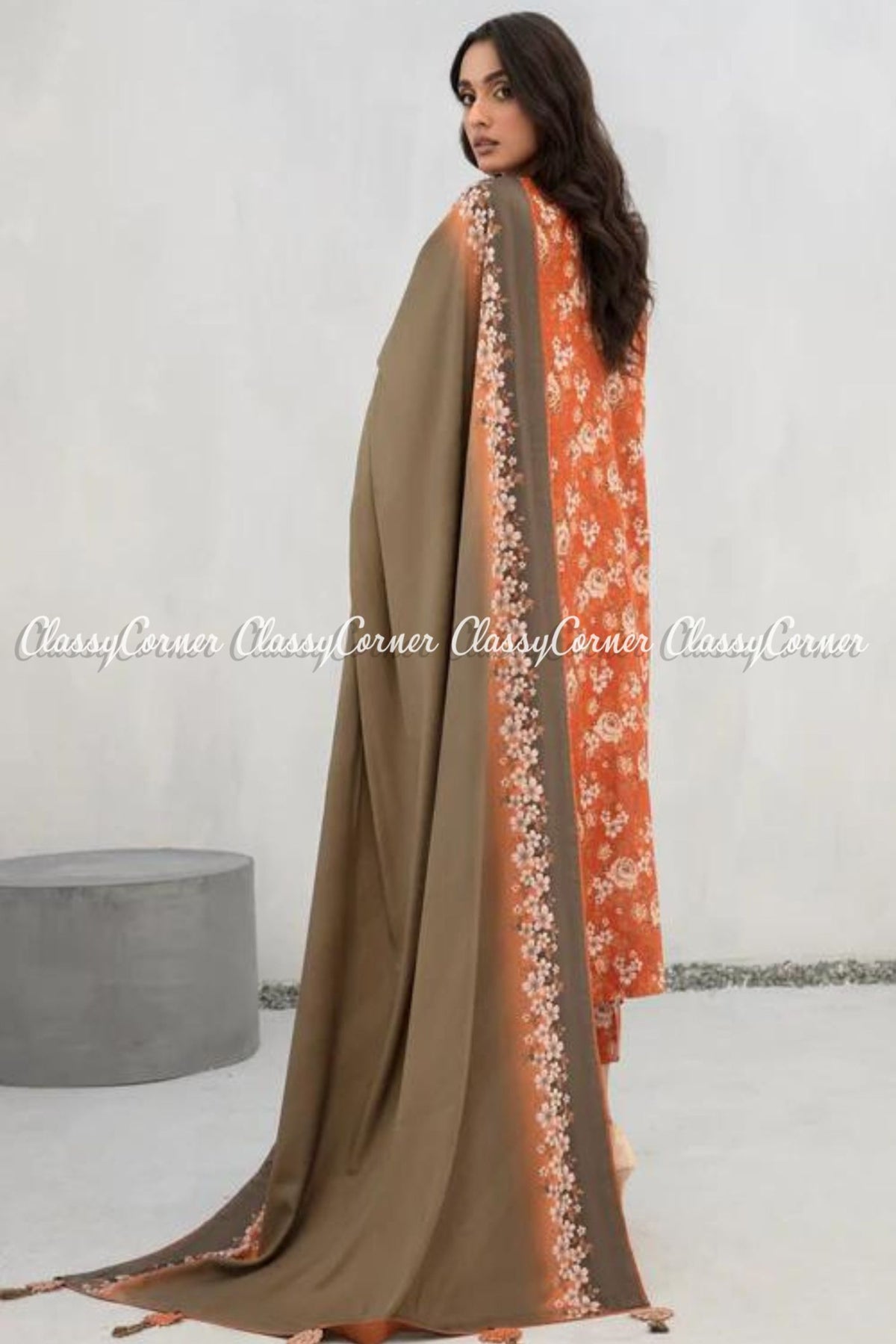 Orange Printed Viscose Slub Khaddar Salwar Kameez