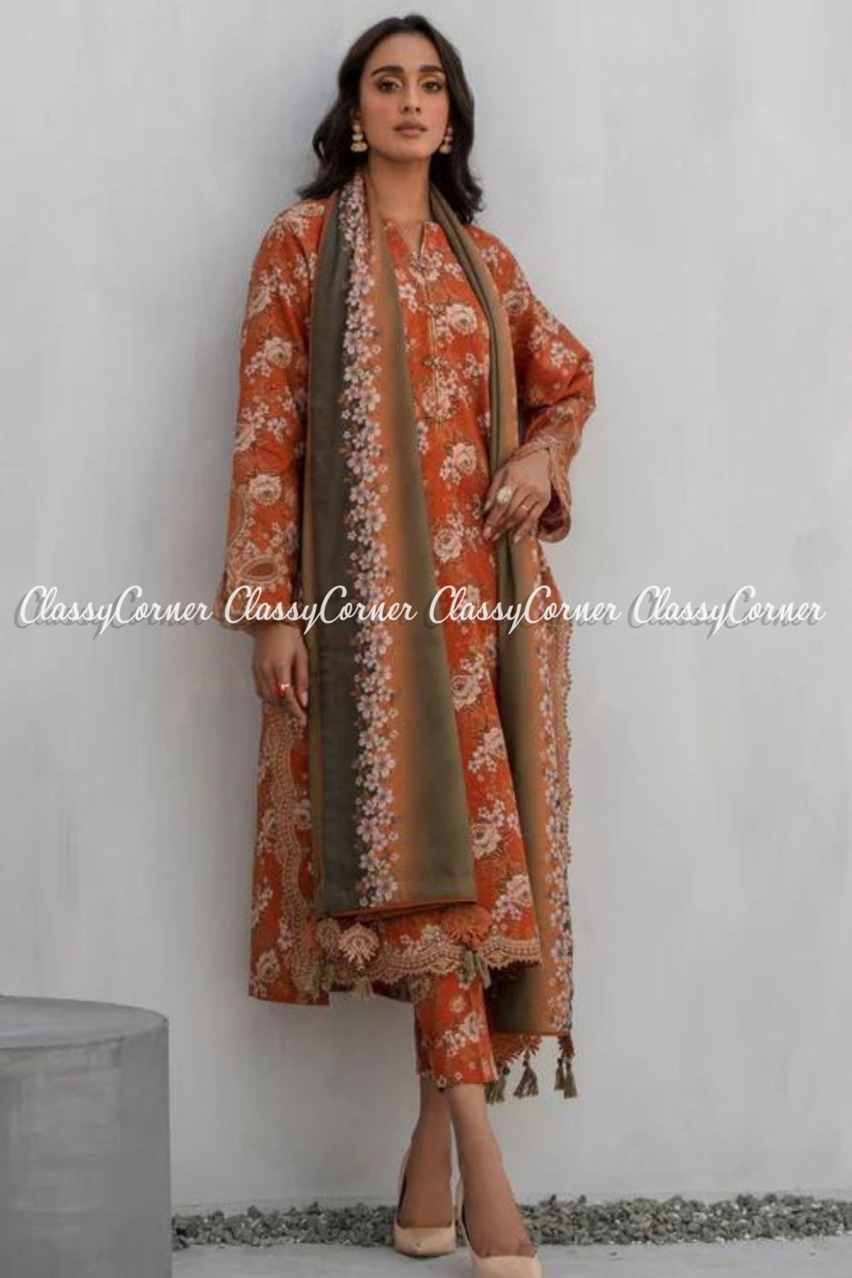 Orange Printed Viscose Slub Khaddar Salwar Kameez