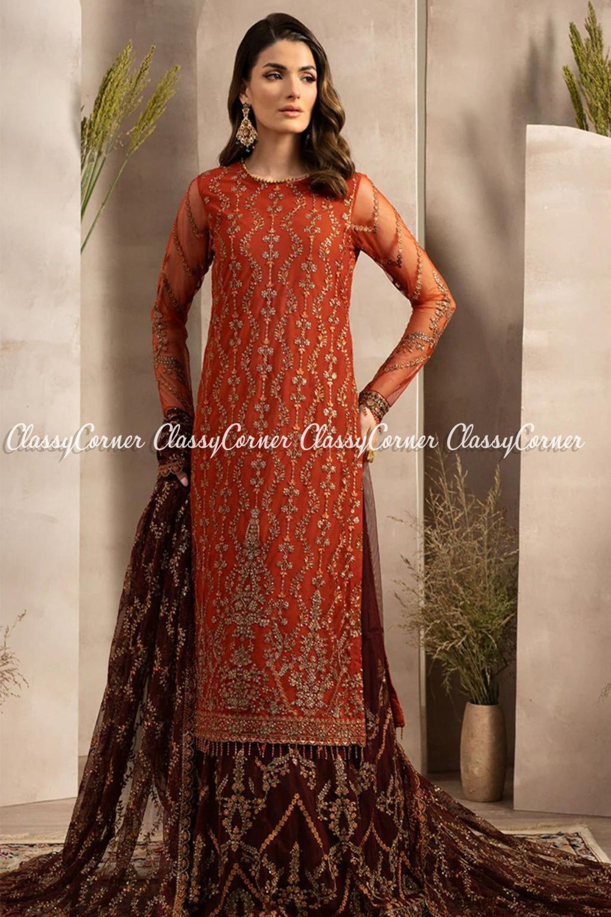 Orange Brown Pakistani Net Embellished Party Wear Outfits