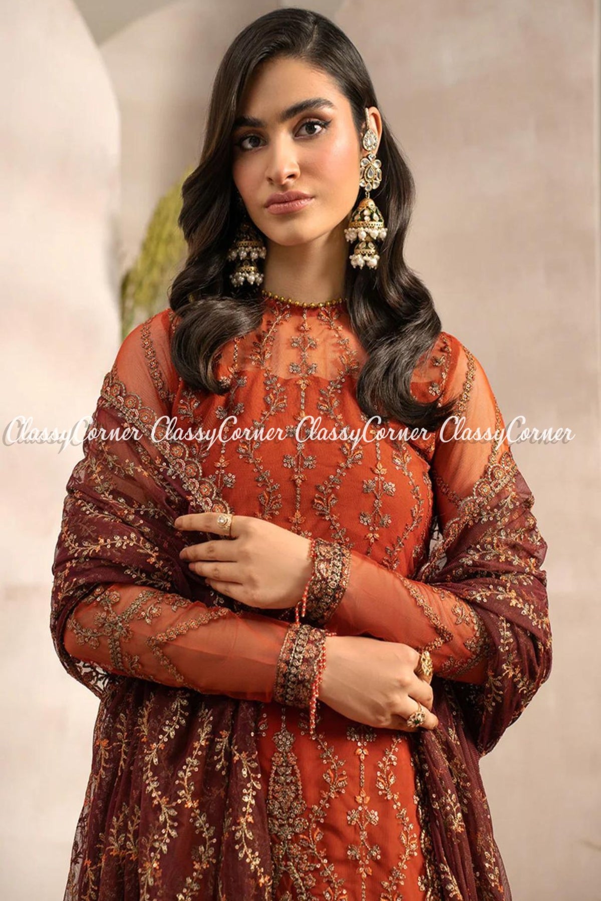 Orange Brown Pakistani Net Embellished Party Wear Outfits