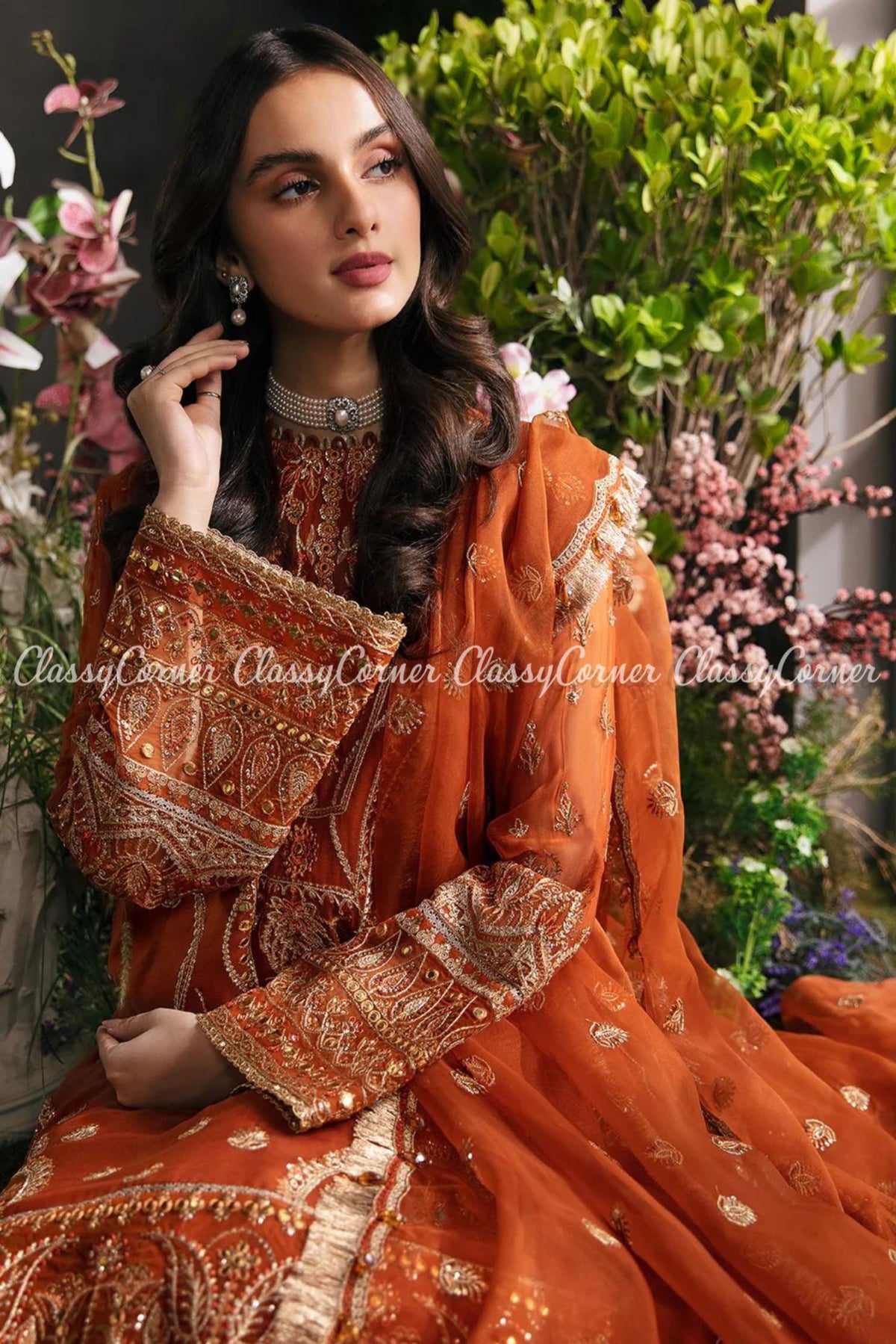 Orange Golden Chiffon Embroidered Party Wear Suit